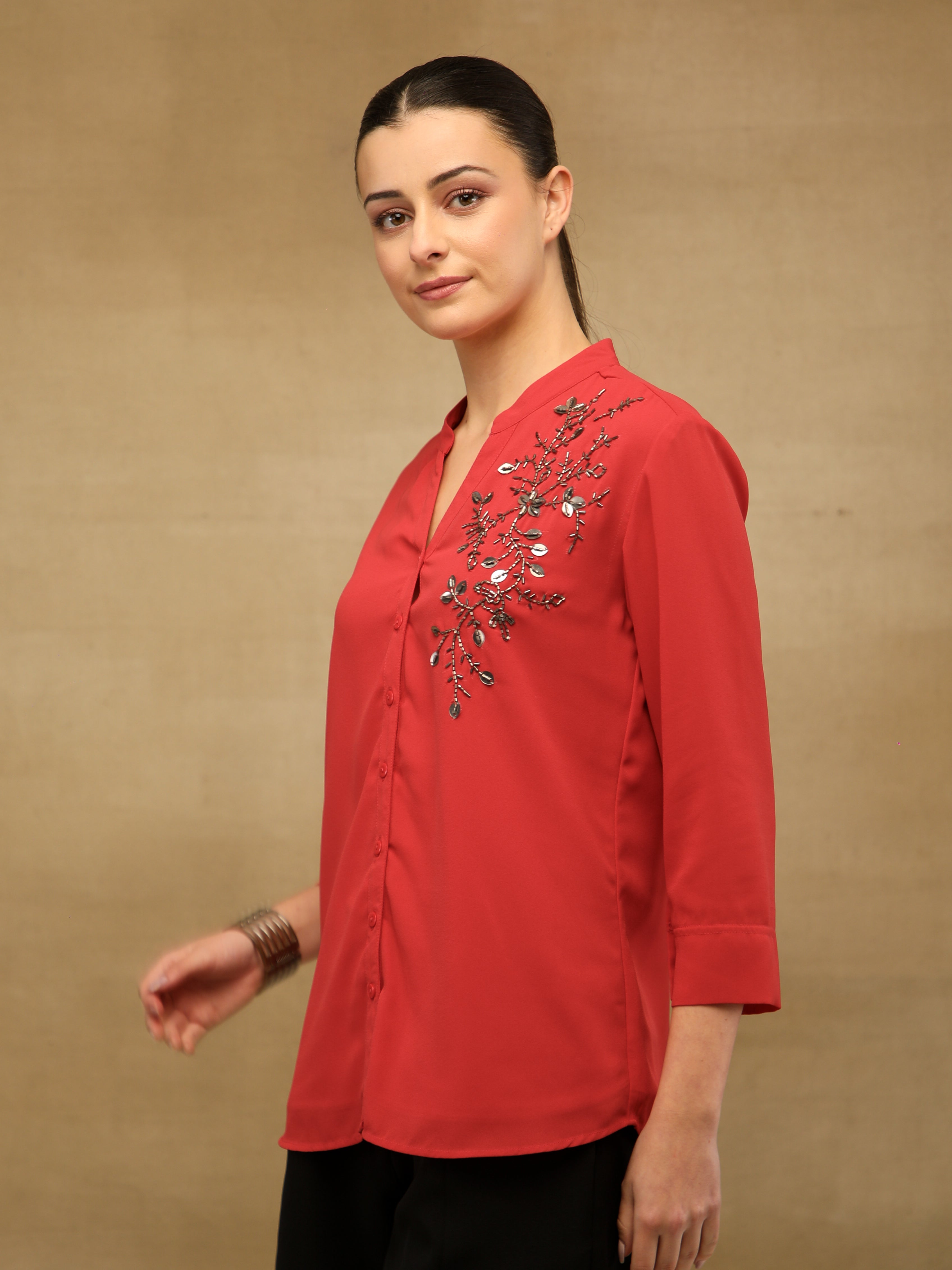 Fern Sequins Georgette Red Shirt