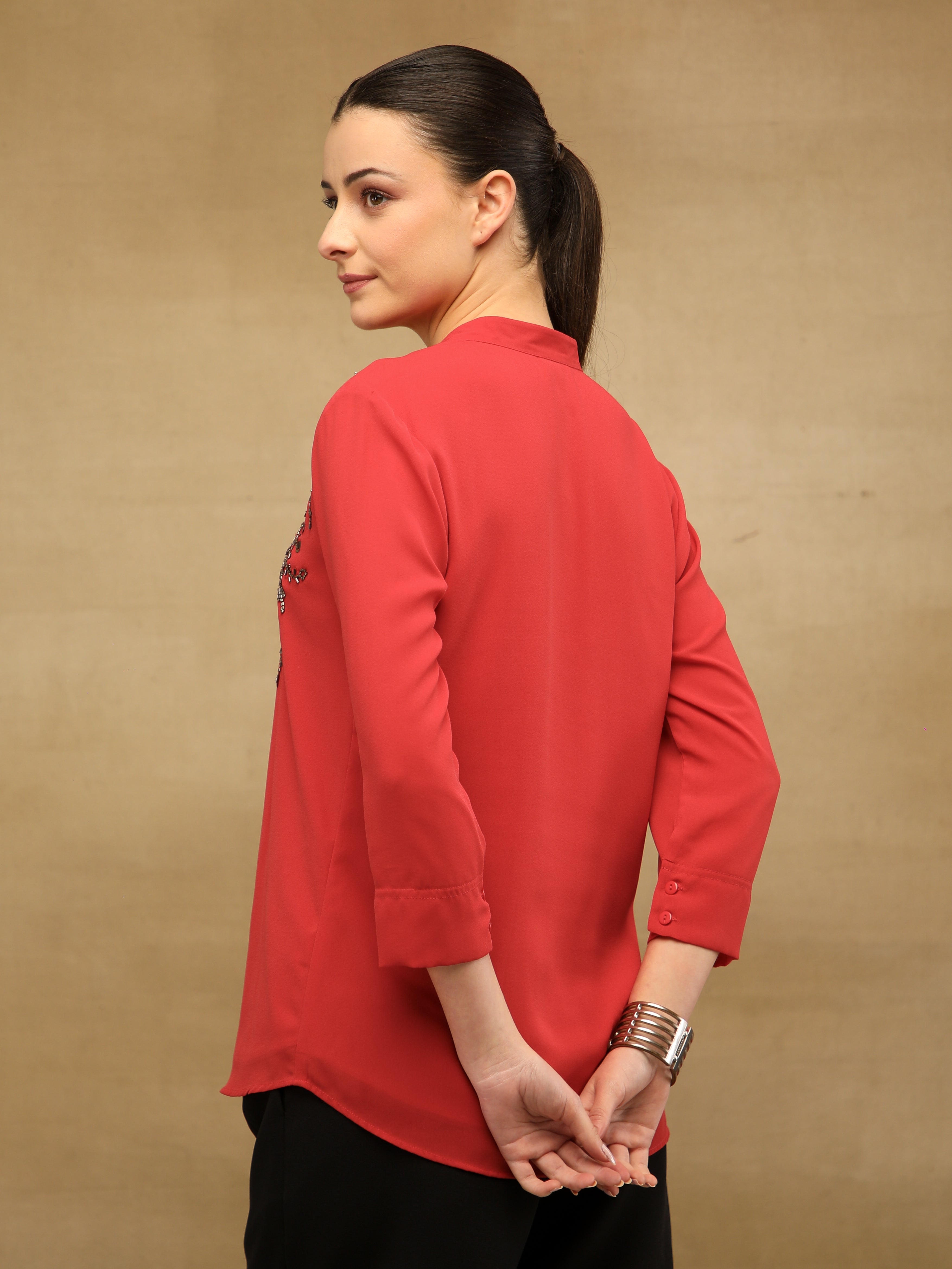 Fern Sequins Georgette Red Shirt