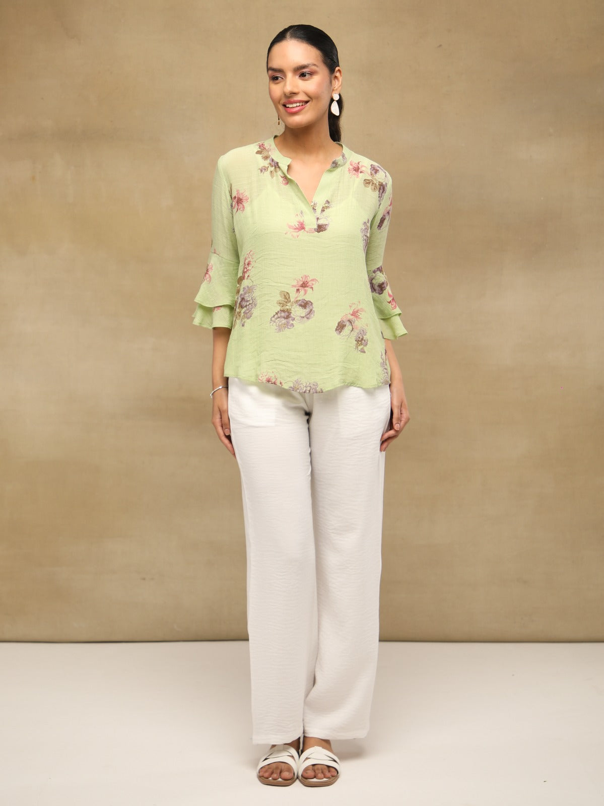 Butter Yellow Floral Printed Bell Sleeve Top