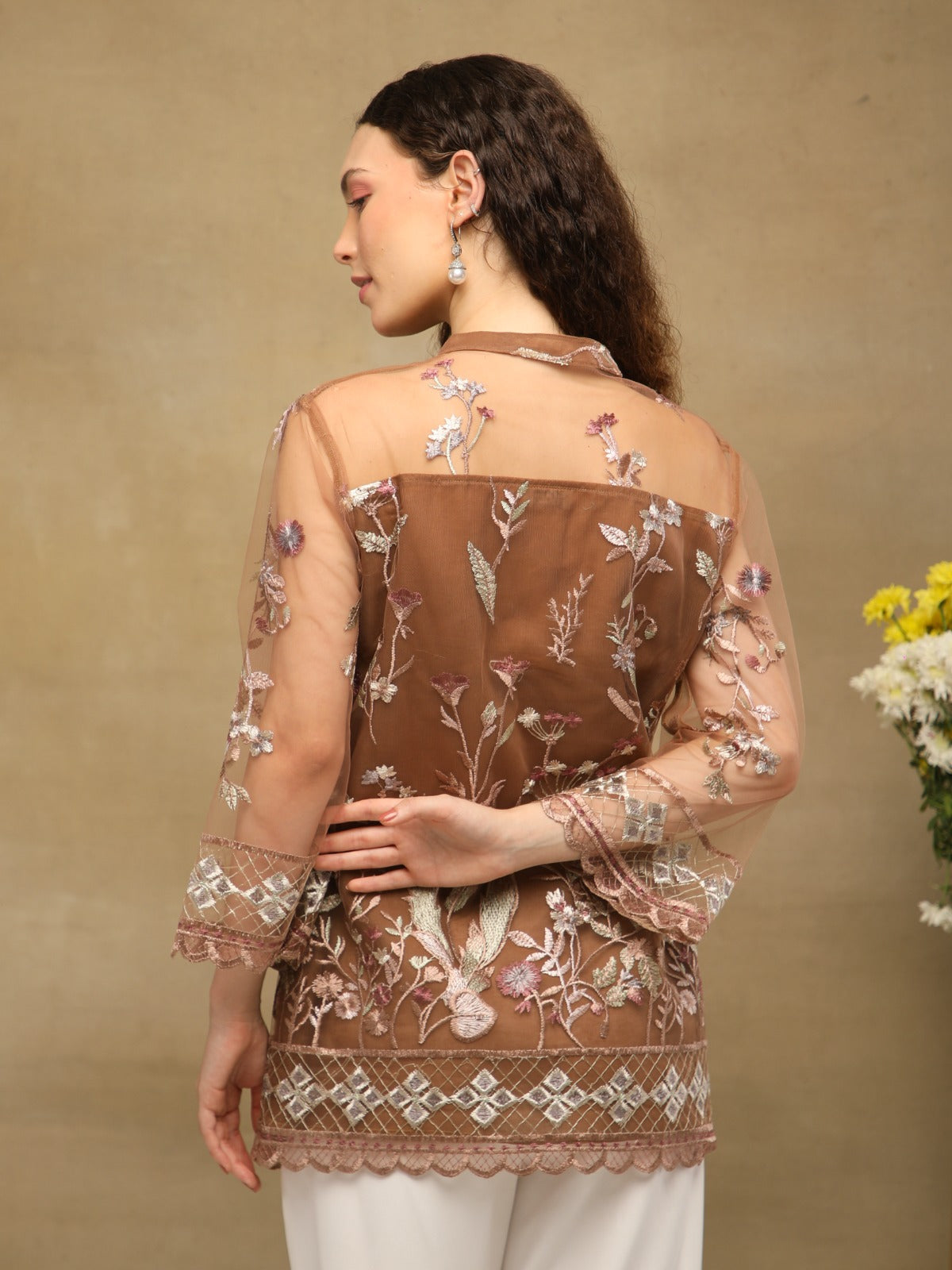 Mocha Bloom Embroidered Sheer Shirt