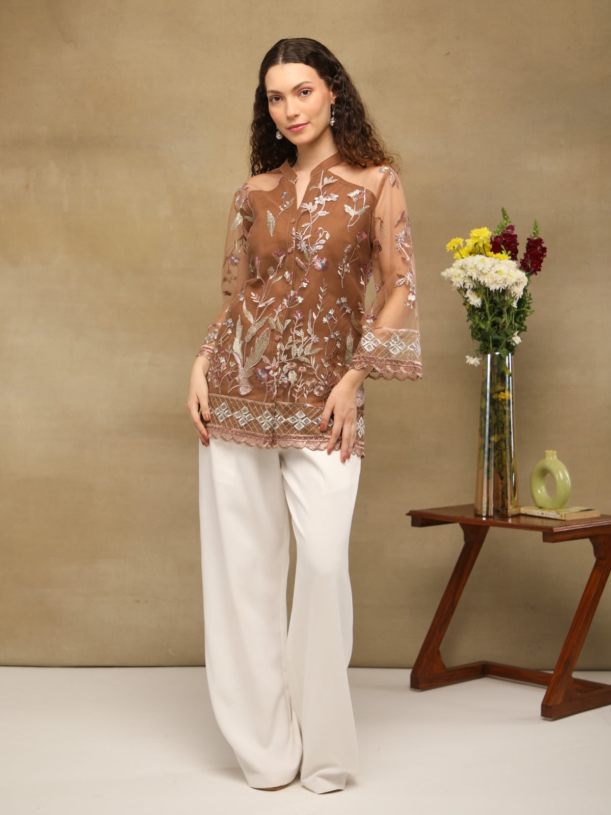 Mocha Bloom Embroidered Sheer Shirt
