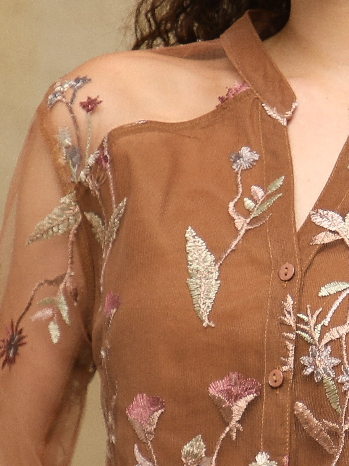 Mocha Bloom Embroidered Sheer Shirt
