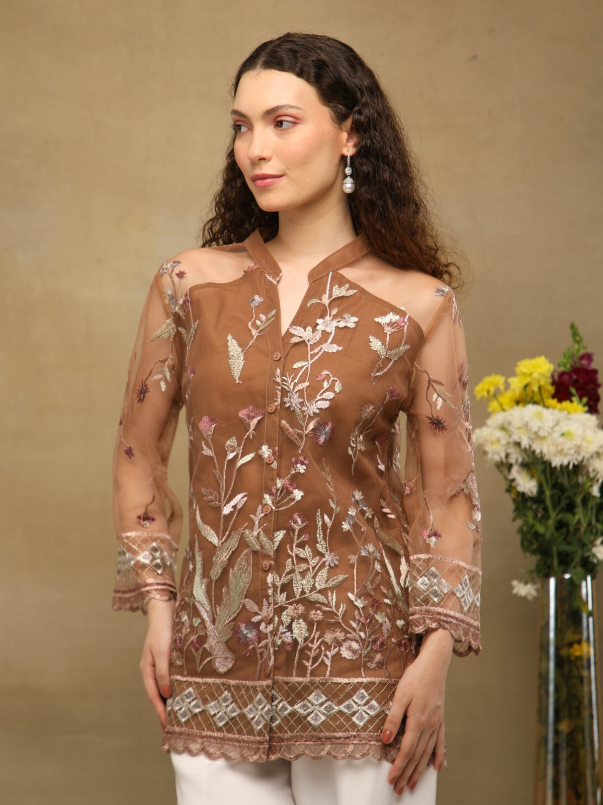 Mocha Bloom Embroidered Sheer Shirt