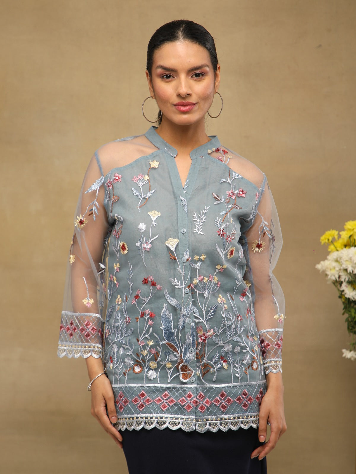 Blue Meadow Embroidered Sheer Shirt
