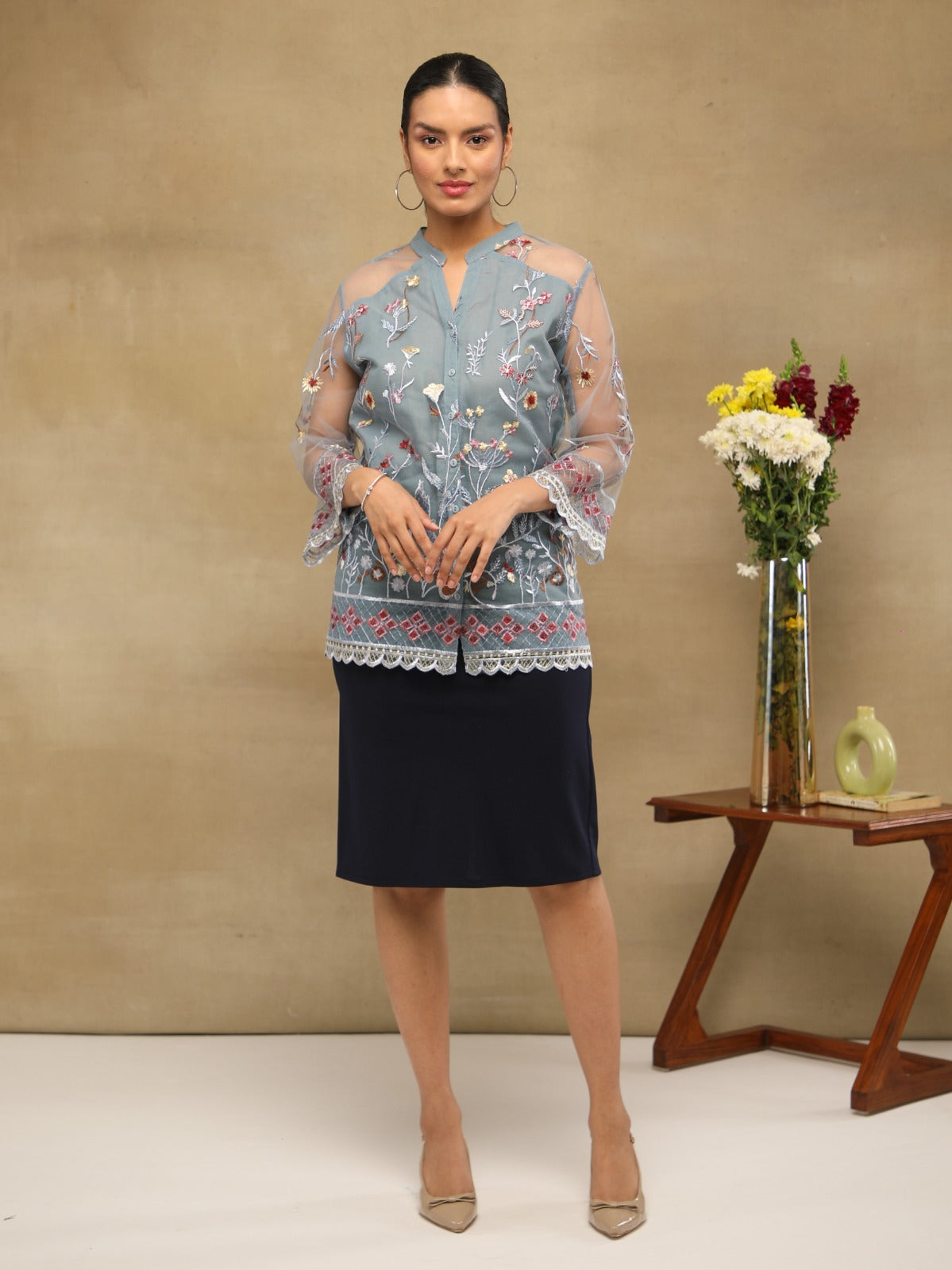 Blue Meadow Embroidered Sheer Shirt