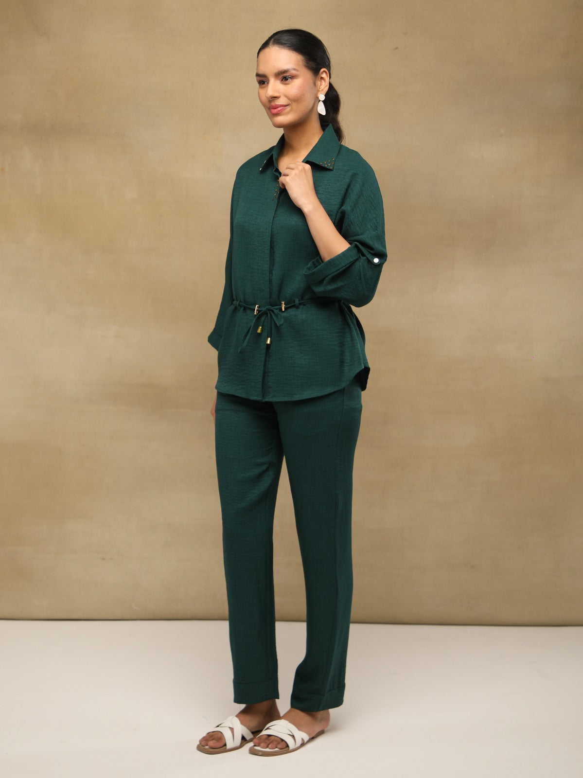 Bottle Green Swarovski Linen Co-ord Set