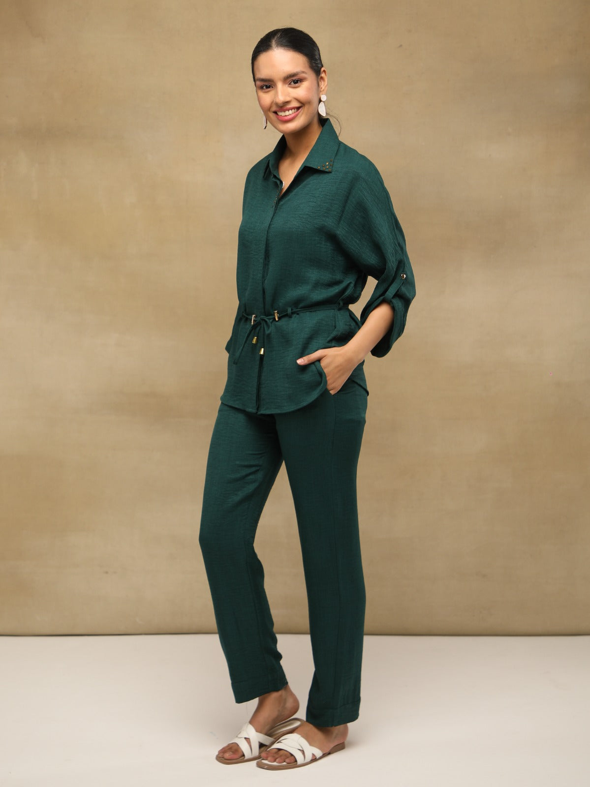Bottle Green Swarovski Linen Co-ord Set