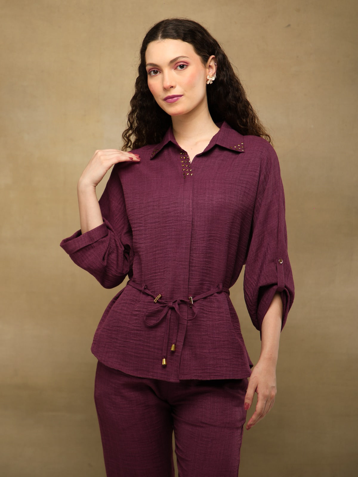 Wine Swarovski Linen Co-ord Set