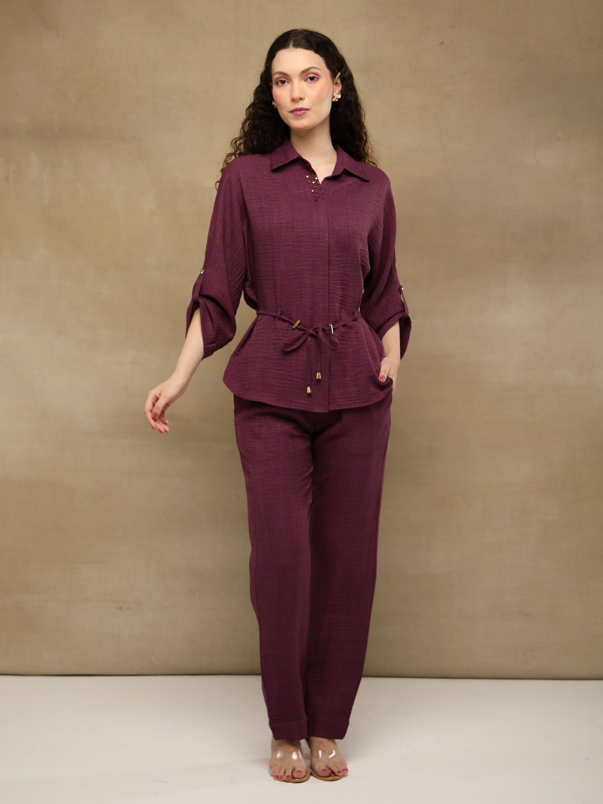 Wine Swarovski Linen Co-ord Set