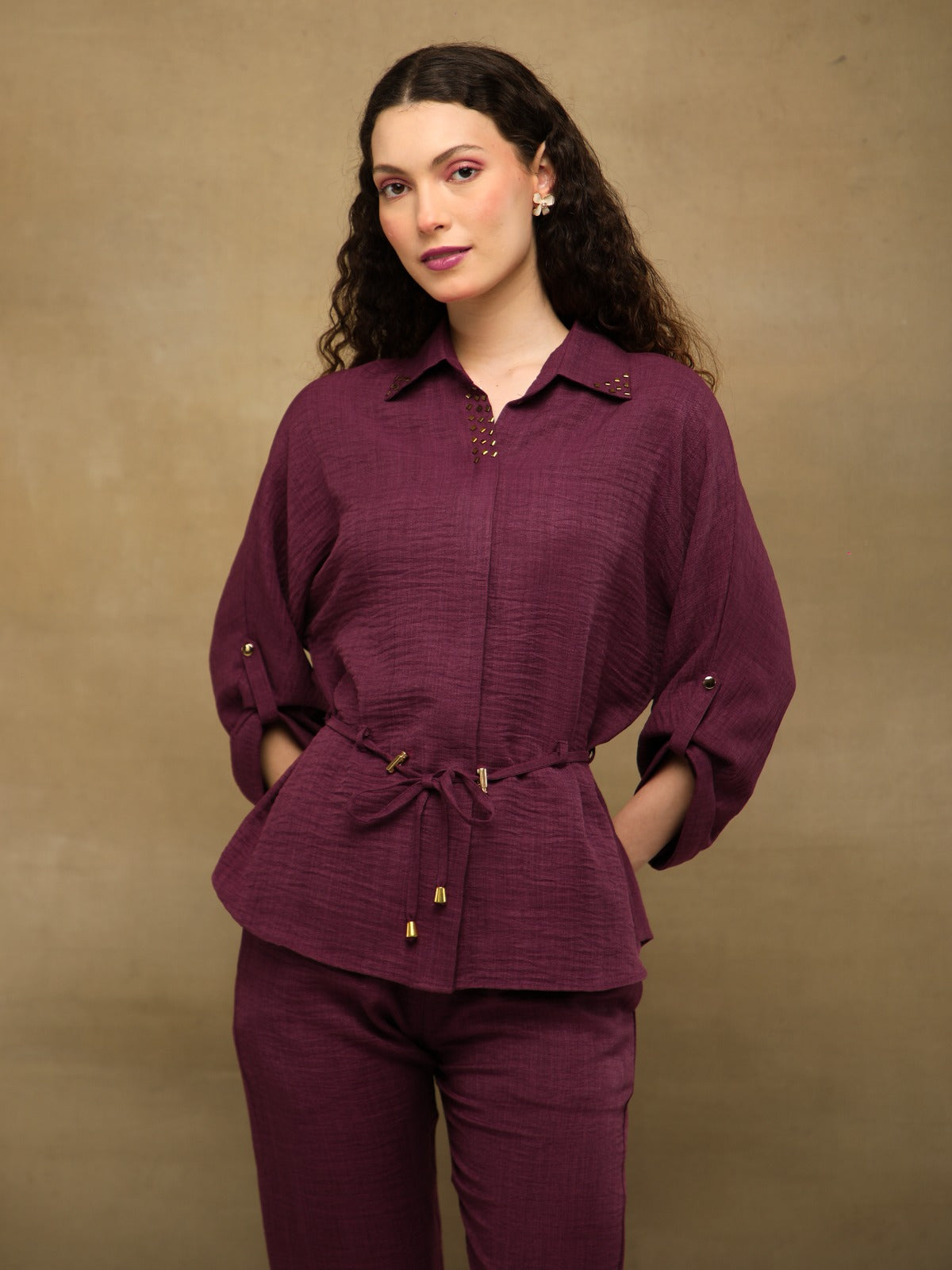 Wine Swarovski Linen Co-ord Set