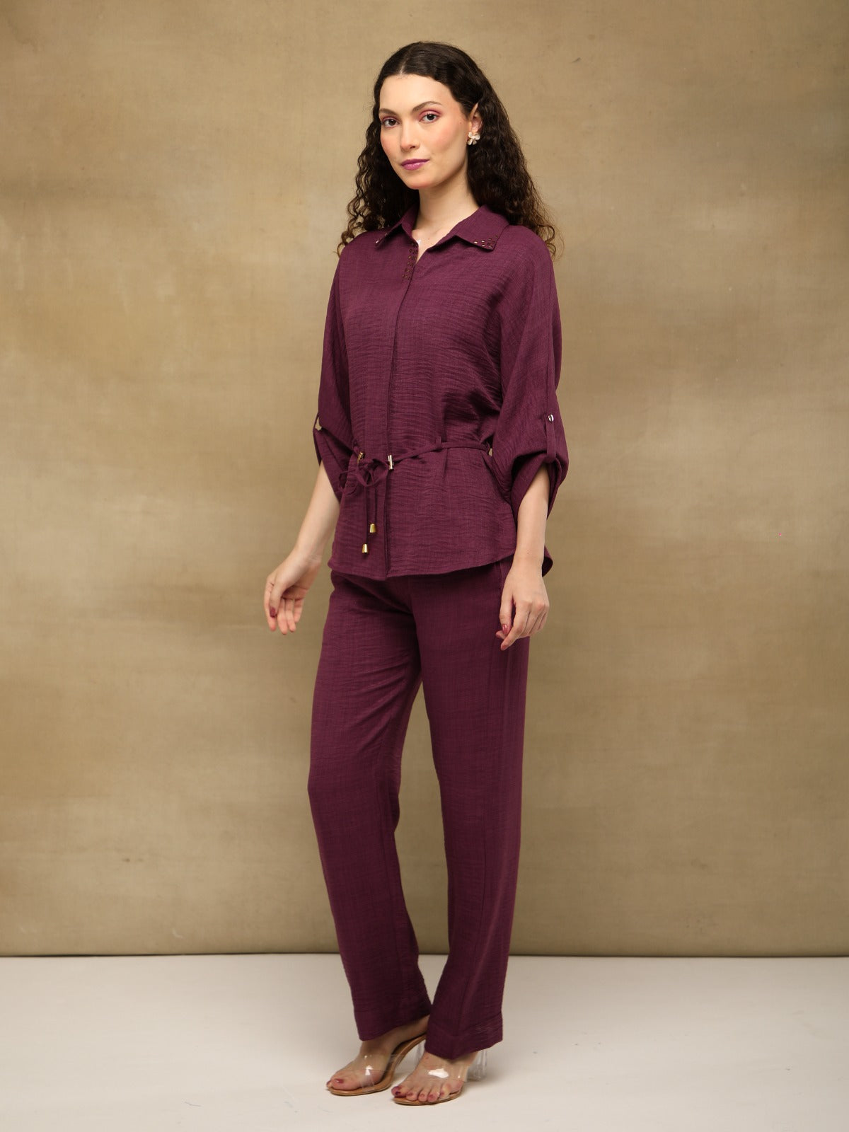 Wine Swarovski Linen Co-ord Set