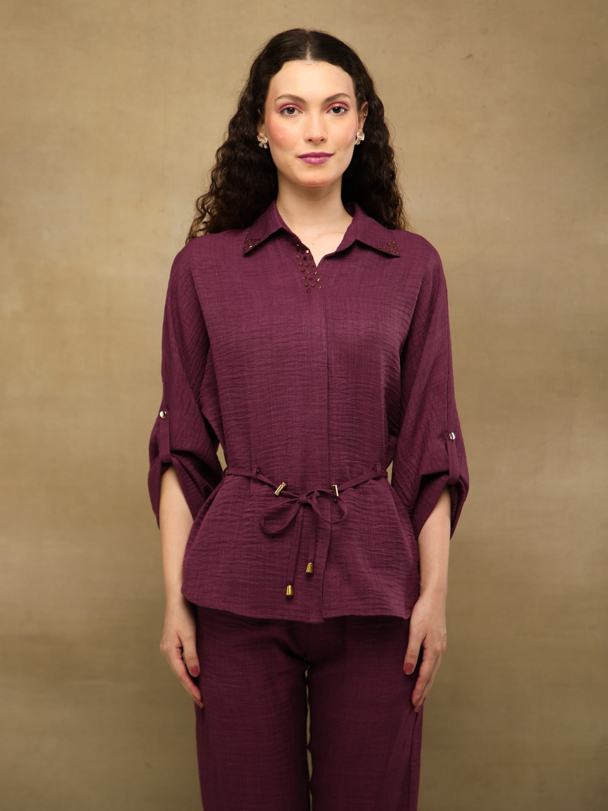 Wine Swarovski Linen Co-ord Set