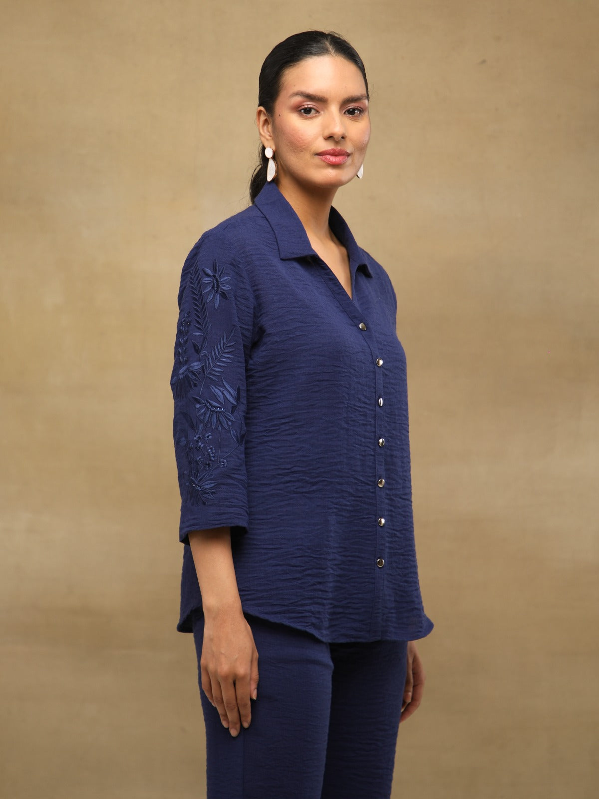 Navy Crushed Linen Embroidered Co-ord Set