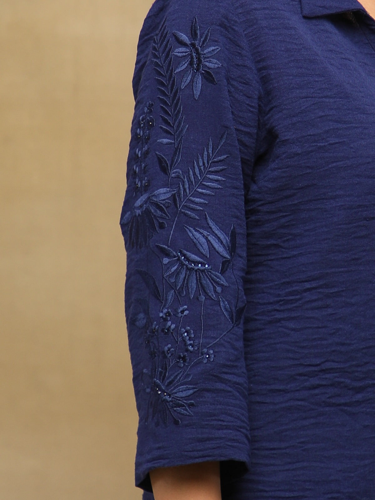 Navy Crushed Linen Embroidered Co-ord Set