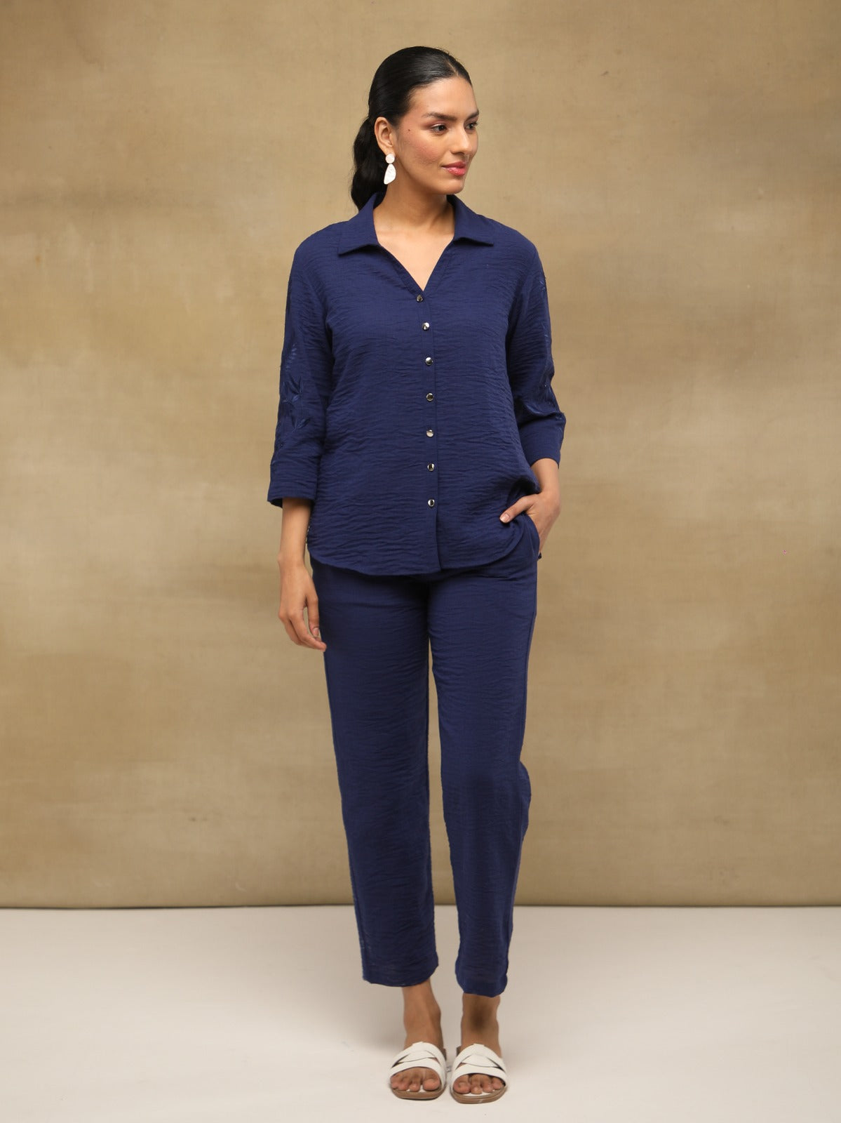 Navy Crushed Linen Embroidered Co-ord Set