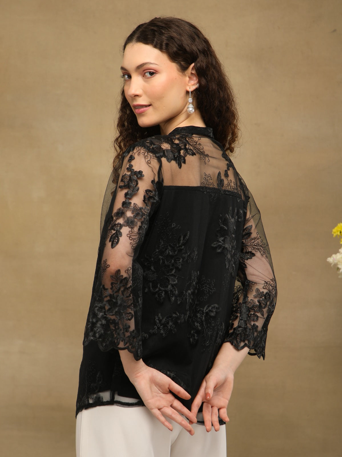 Noir Sheer Yoke Lace Shirt