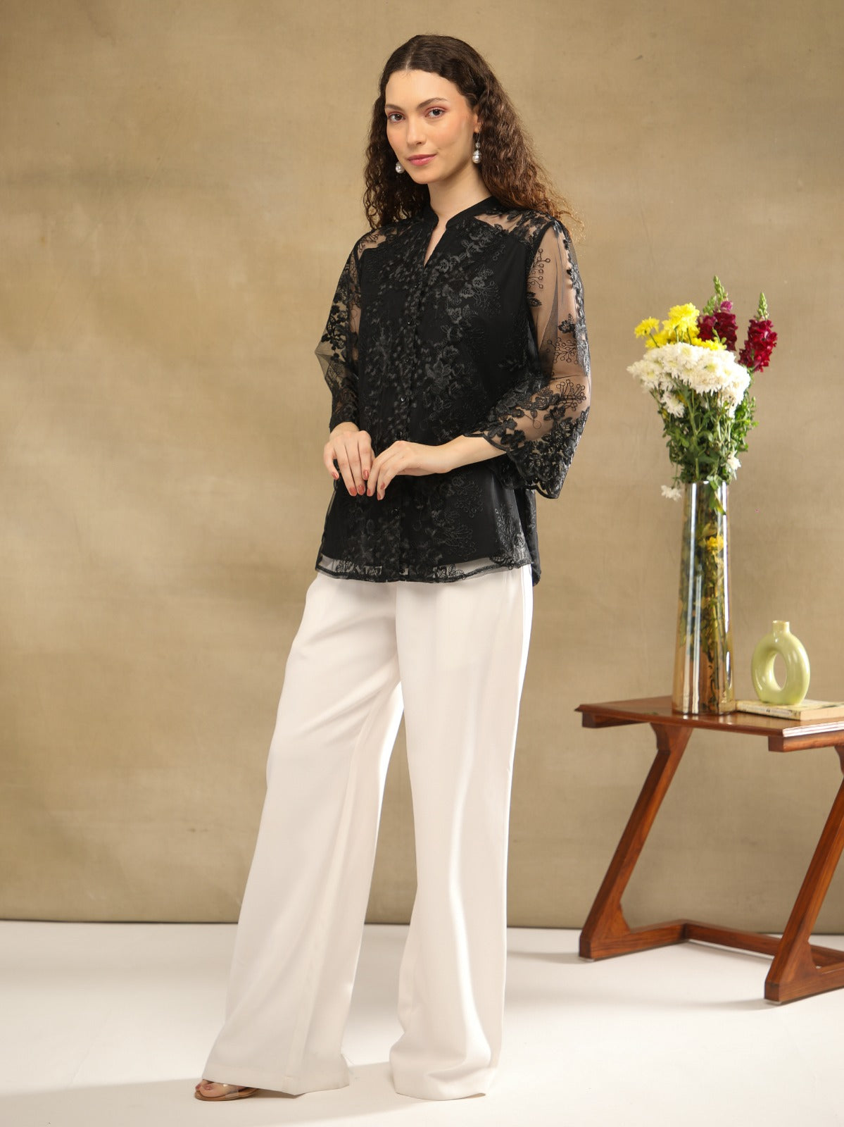 Noir Sheer Yoke Lace Shirt