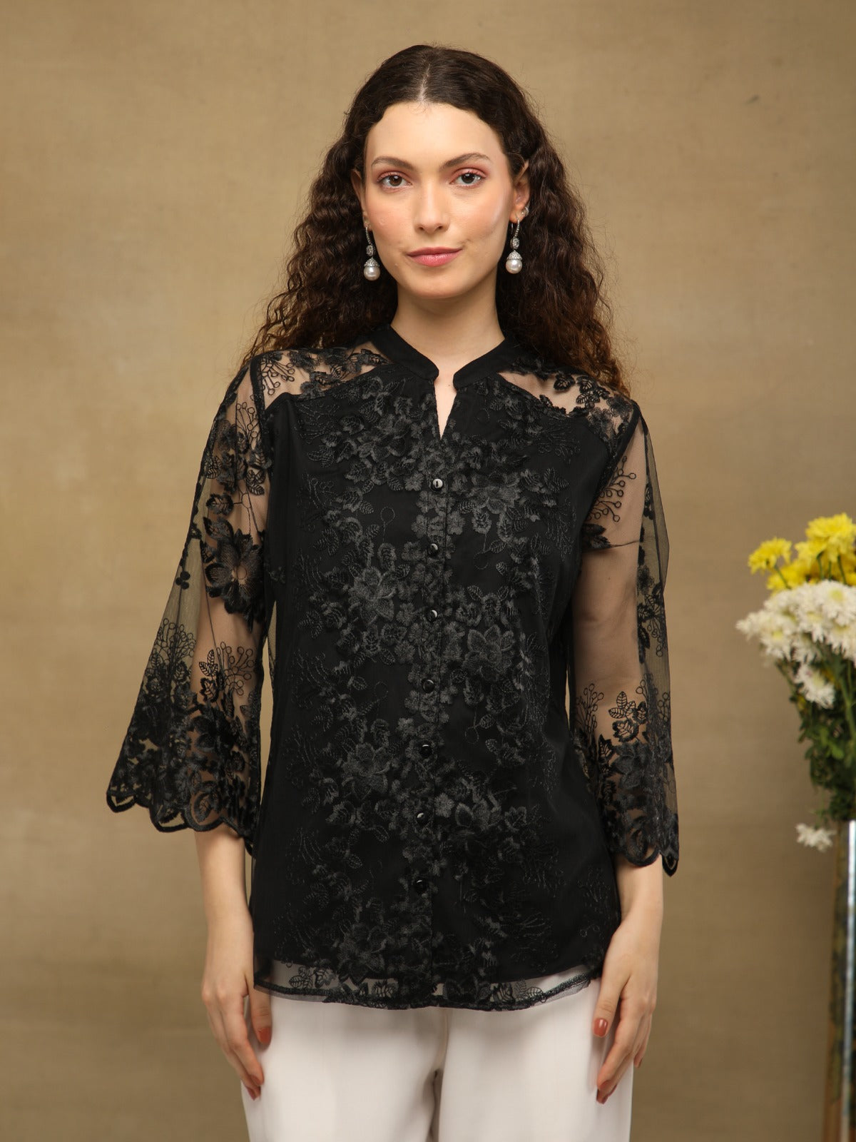 Noir Sheer Yoke Lace Shirt