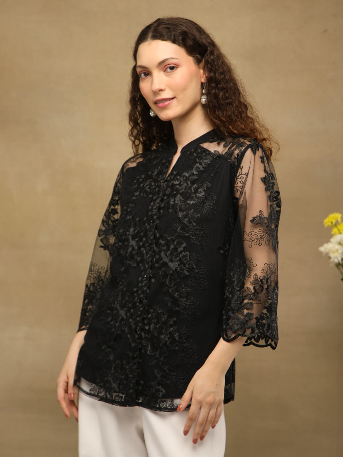 Noir Sheer Yoke Lace Shirt