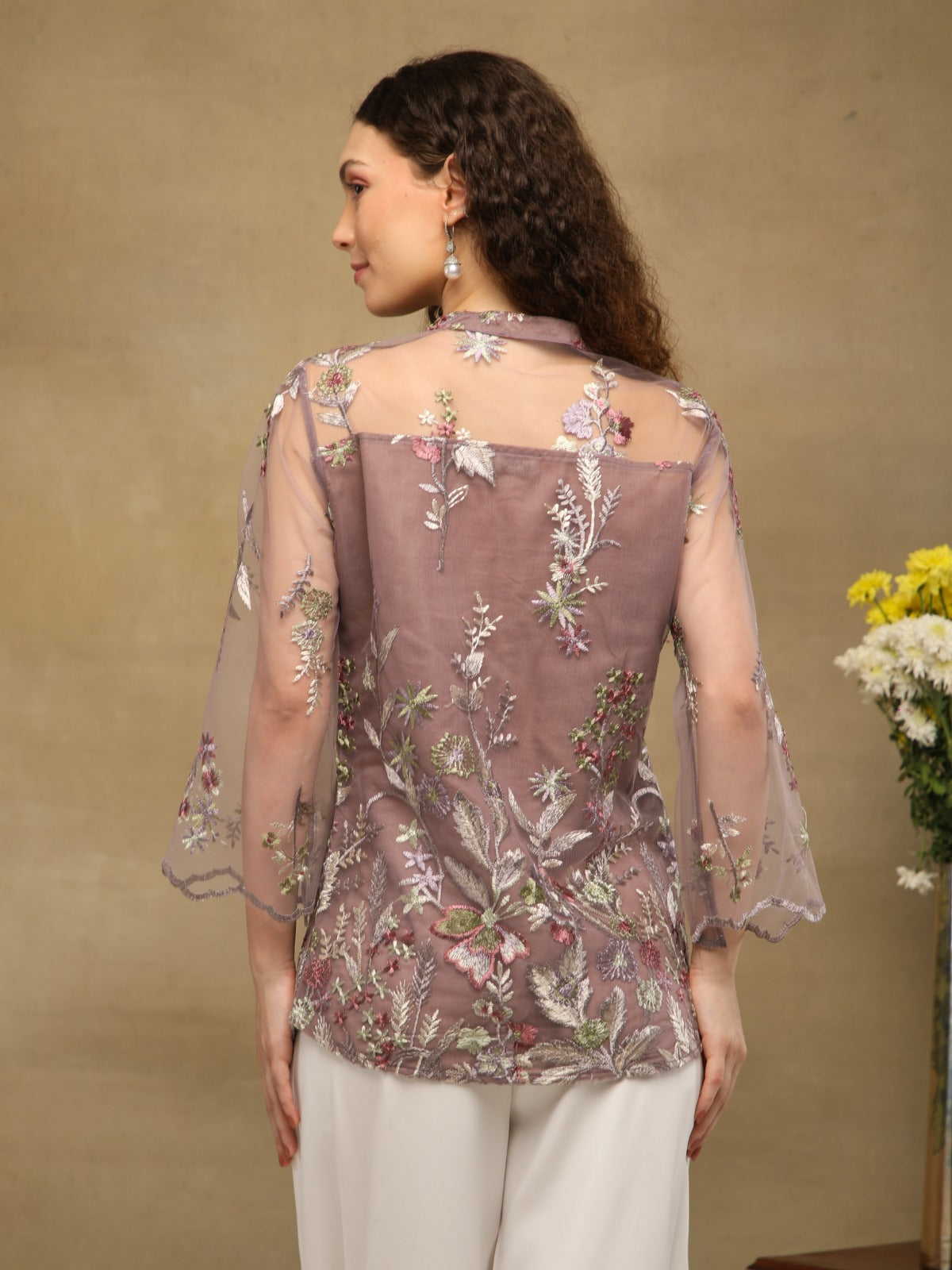 Rosewood Yoke Sheer Embroidered Top
