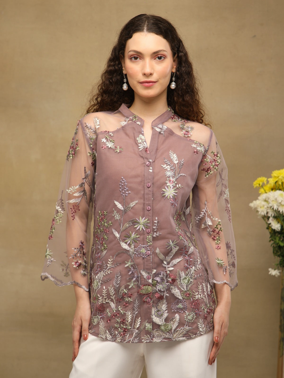 Rosewood Yoke Sheer Embroidered Top