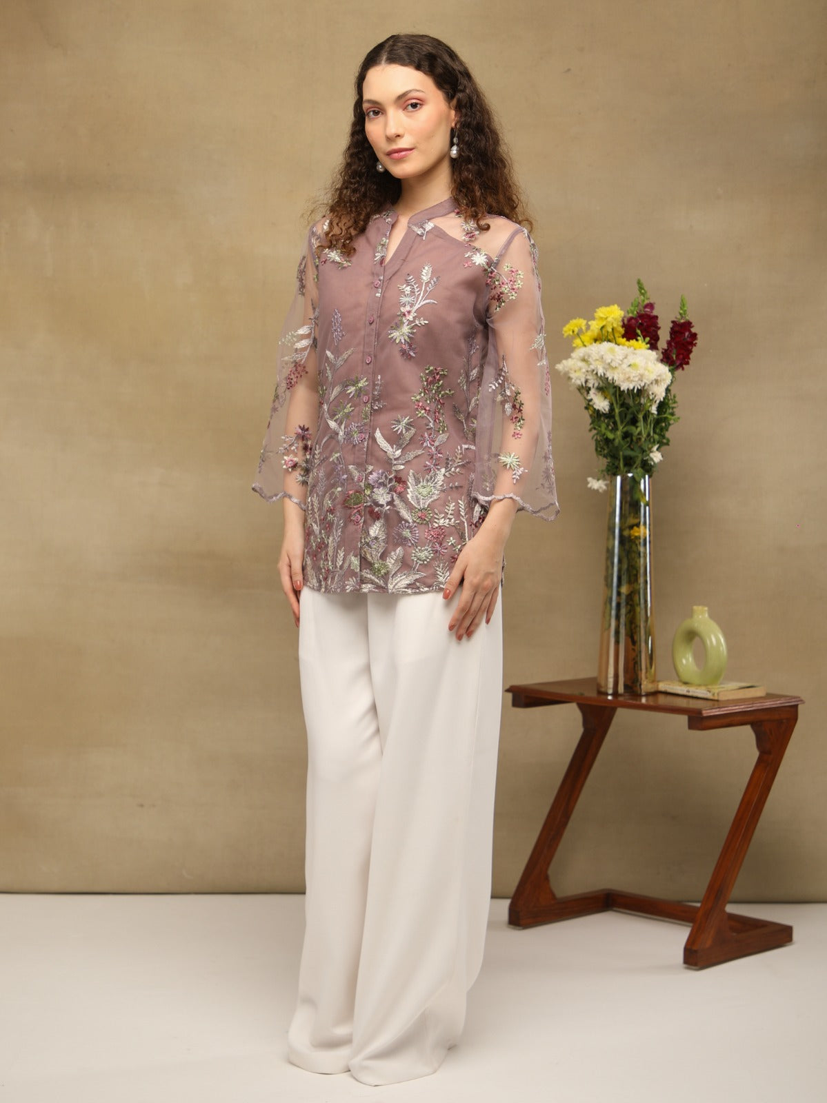 Rosewood Yoke Sheer Embroidered Top