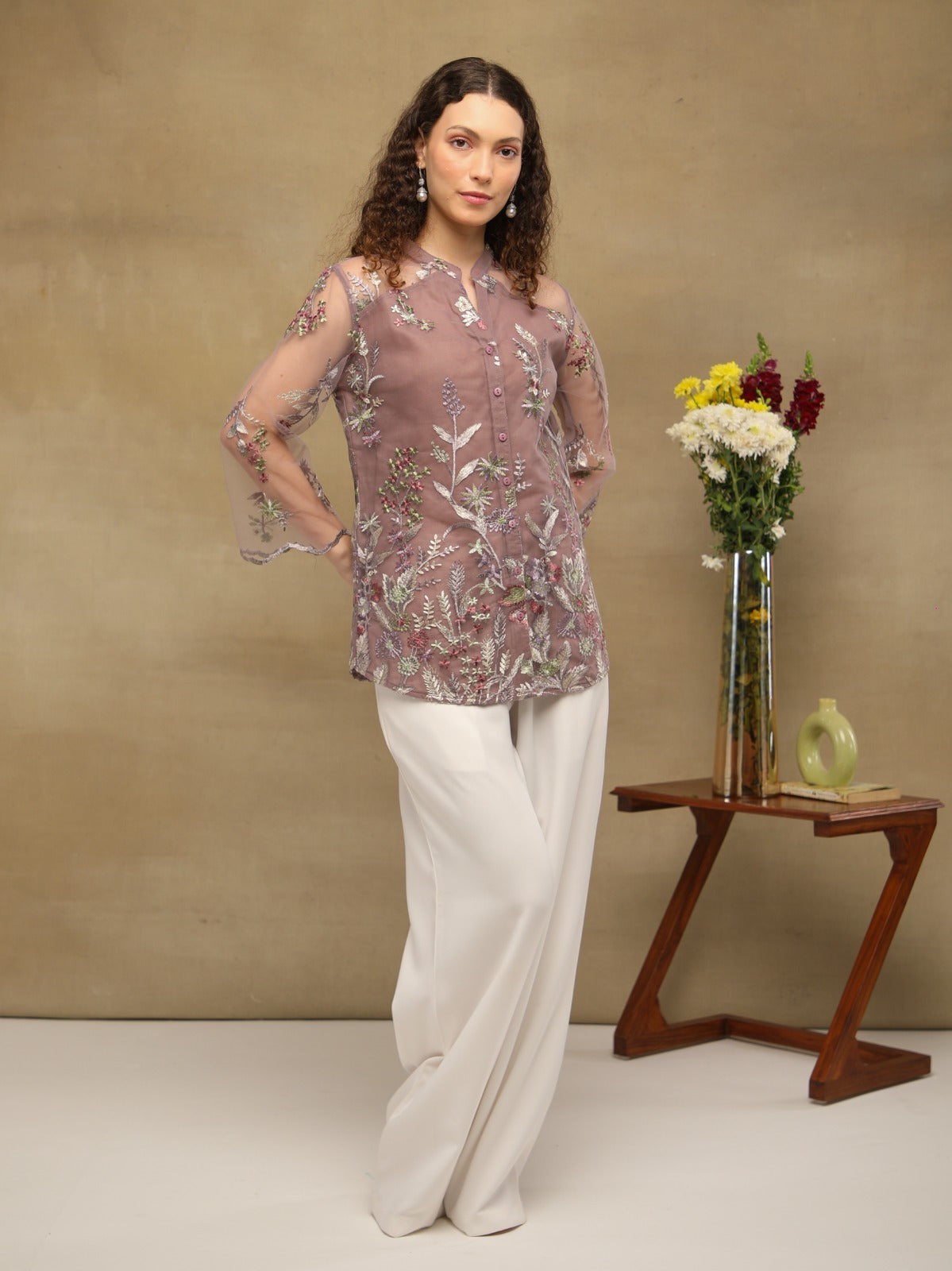 Rosewood Yoke Sheer Embroidered Top