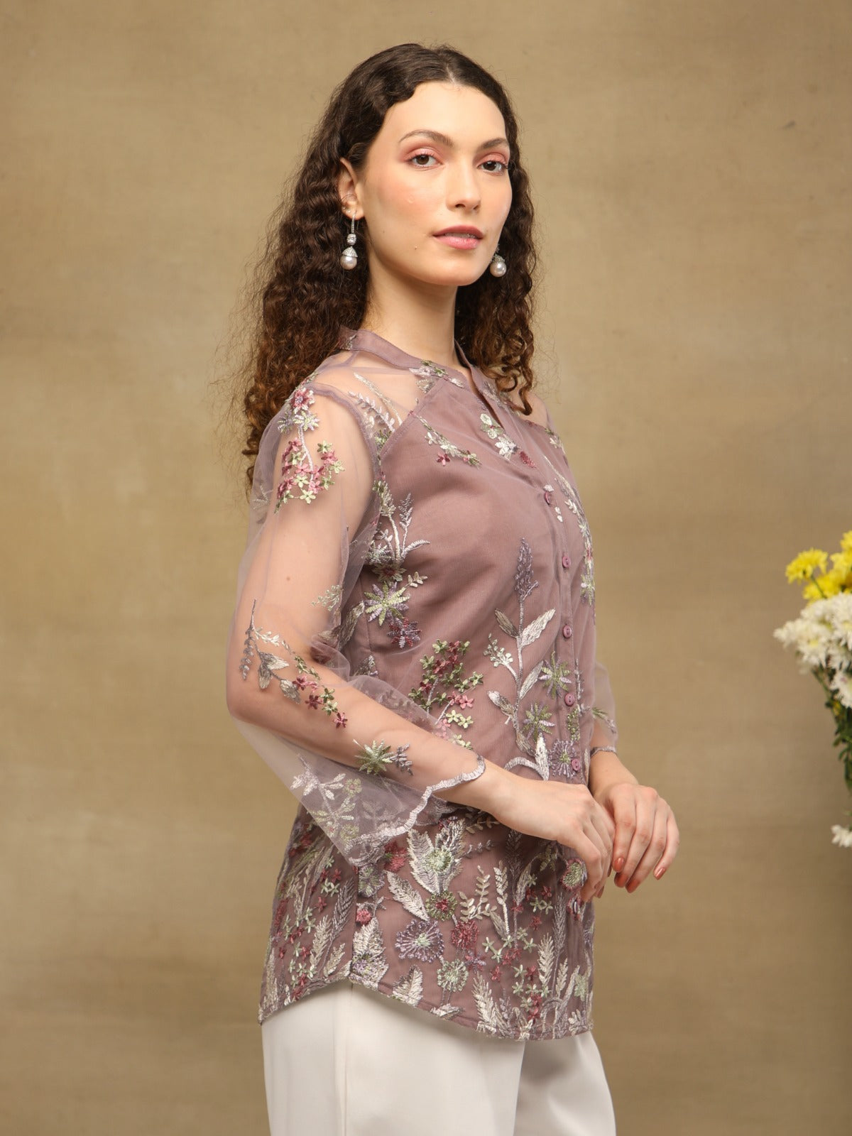 Rosewood Yoke Sheer Embroidered Top