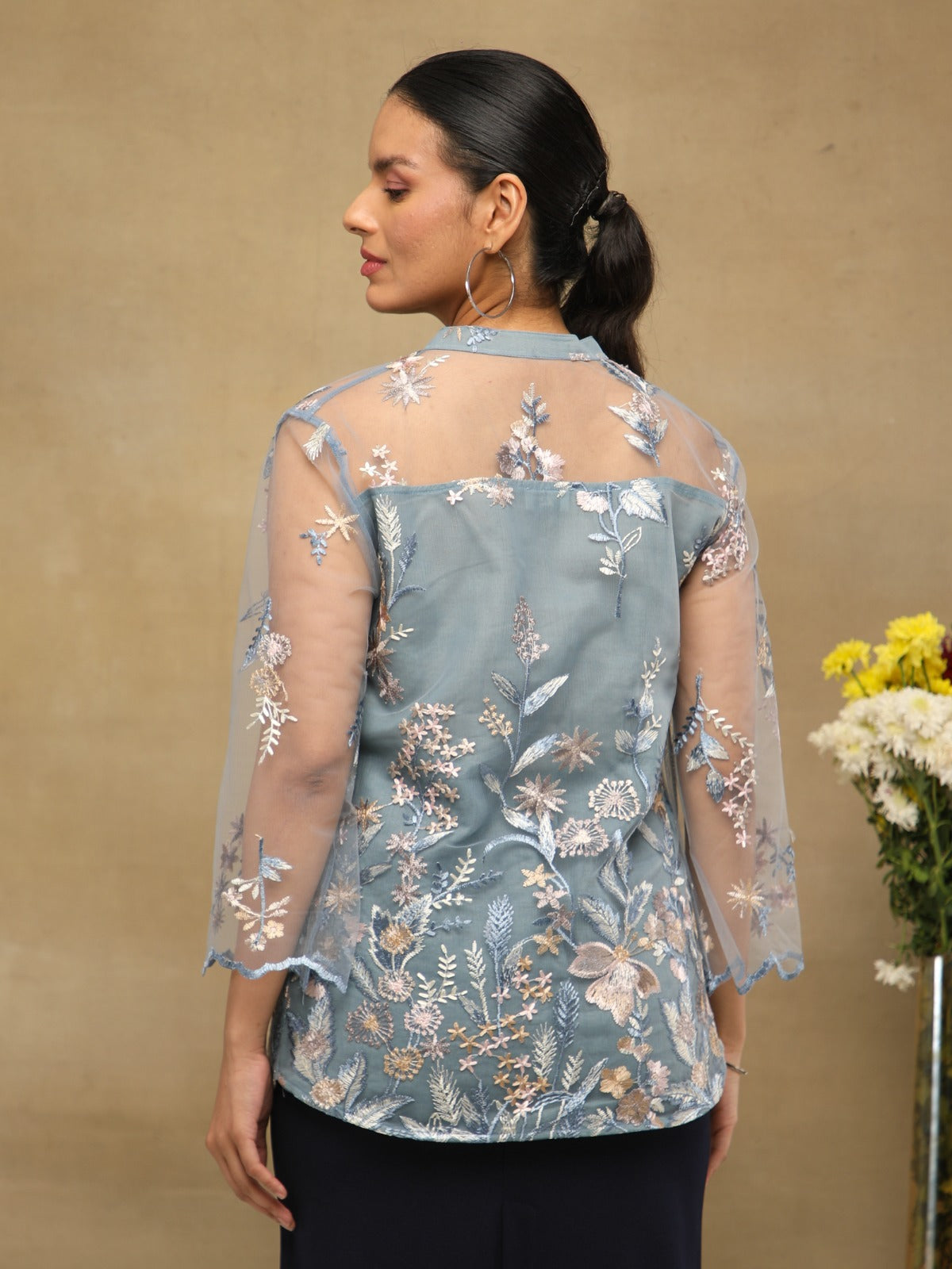 Azure Yoke Sheer Embroidered Top