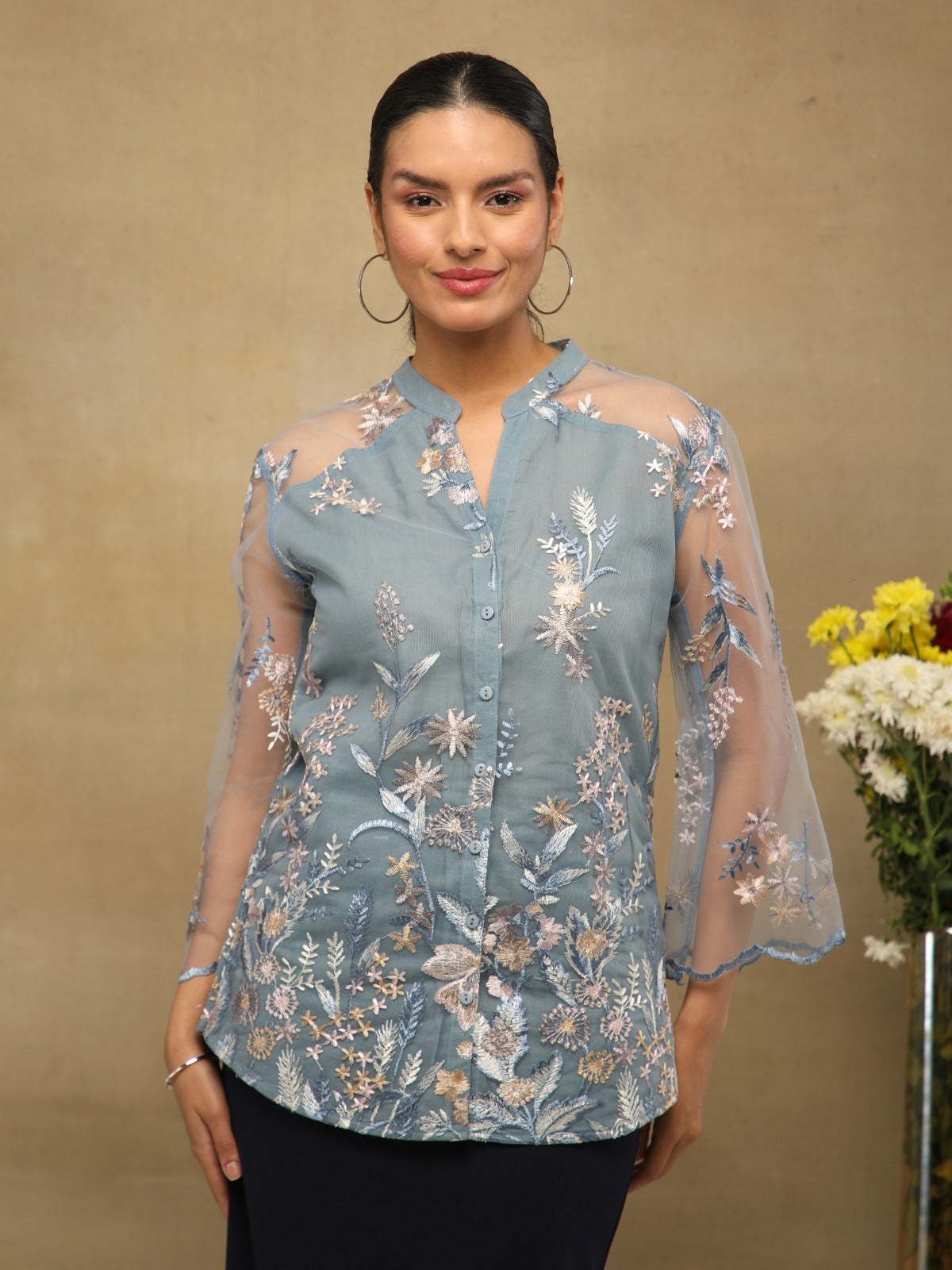 Azure Yoke Sheer Embroidered Top