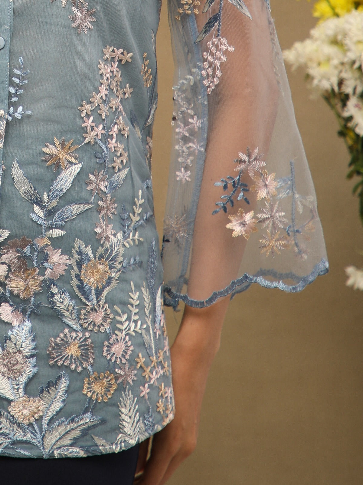 Azure Yoke Sheer Embroidered Top
