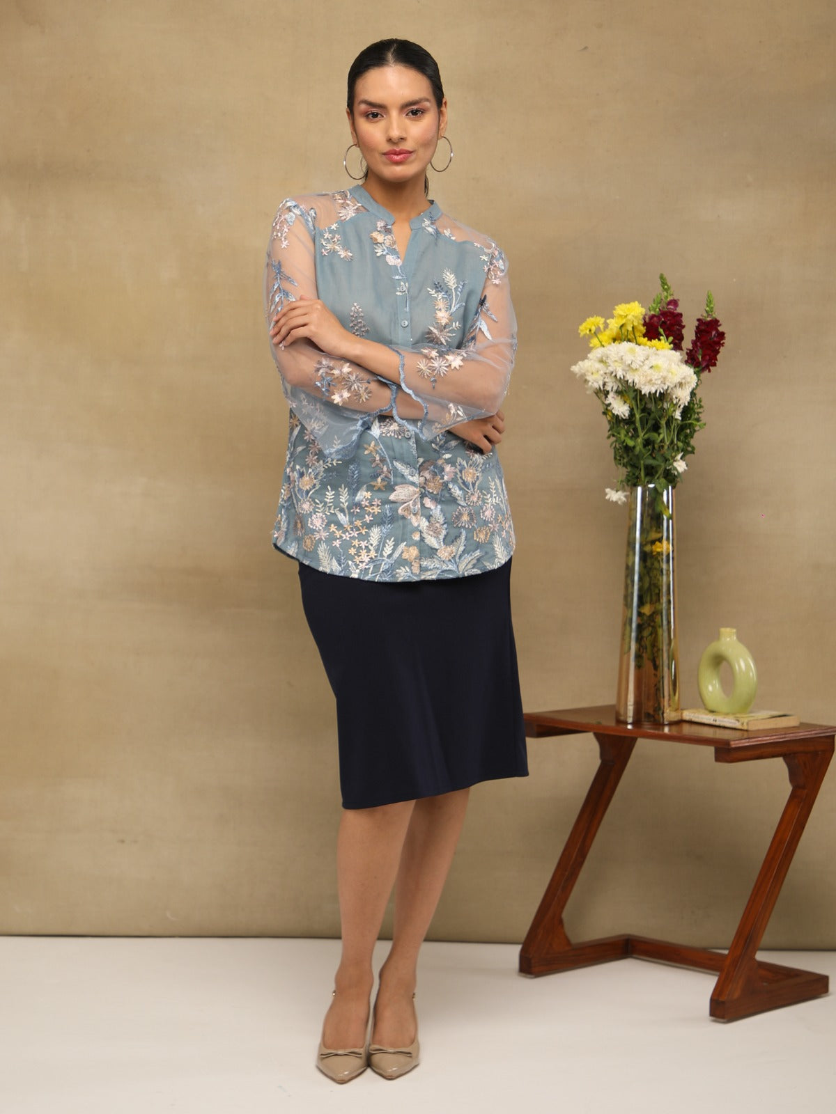 Azure Yoke Sheer Embroidered Top