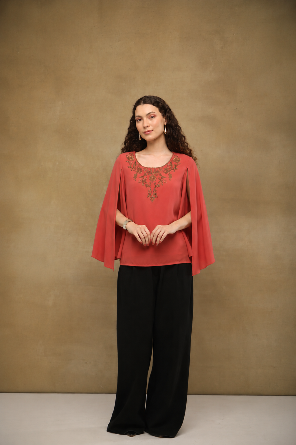 Red Drape Embroidered Top