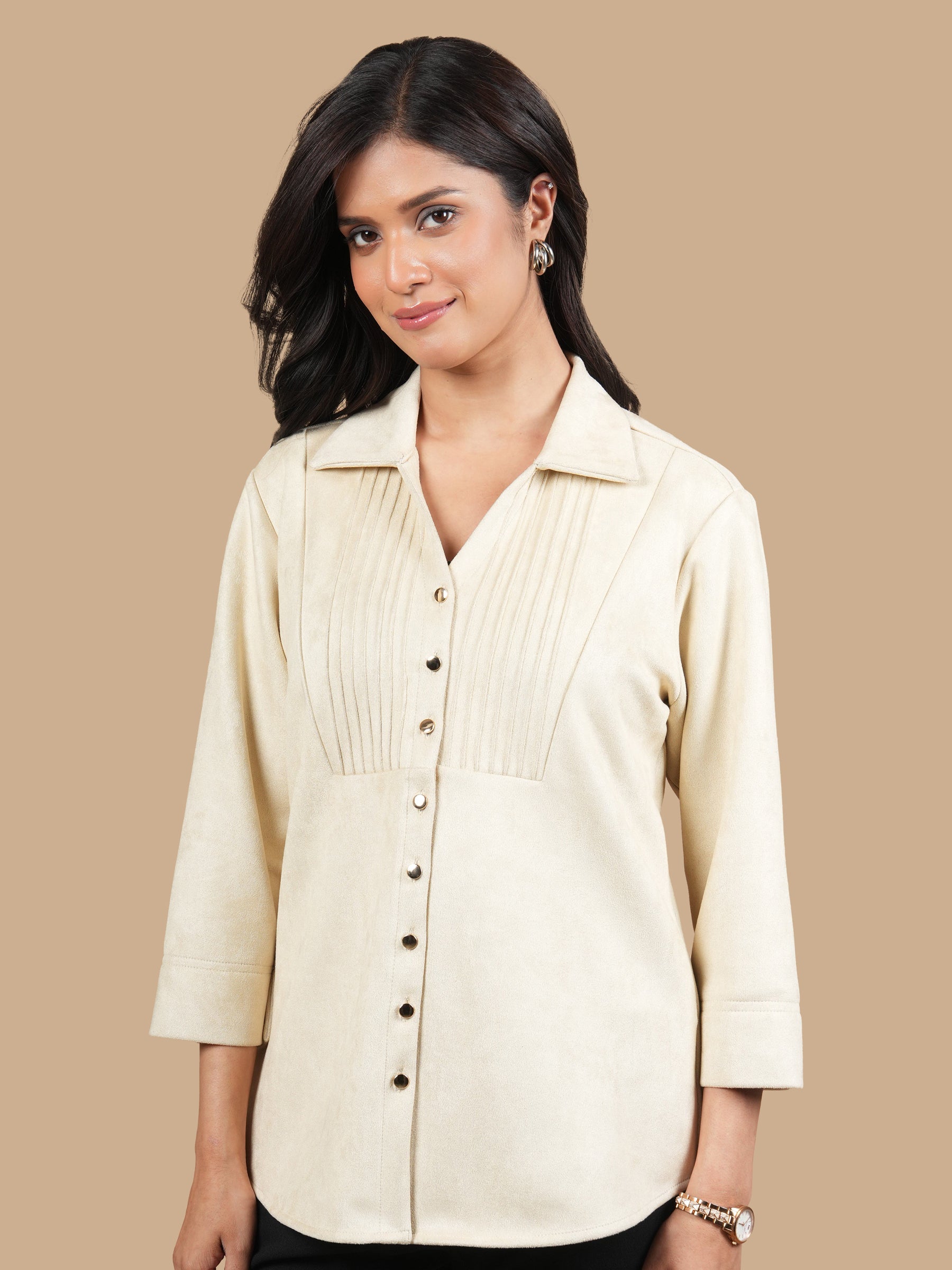 SUEDE PINTUCK BEIGE SHIRT