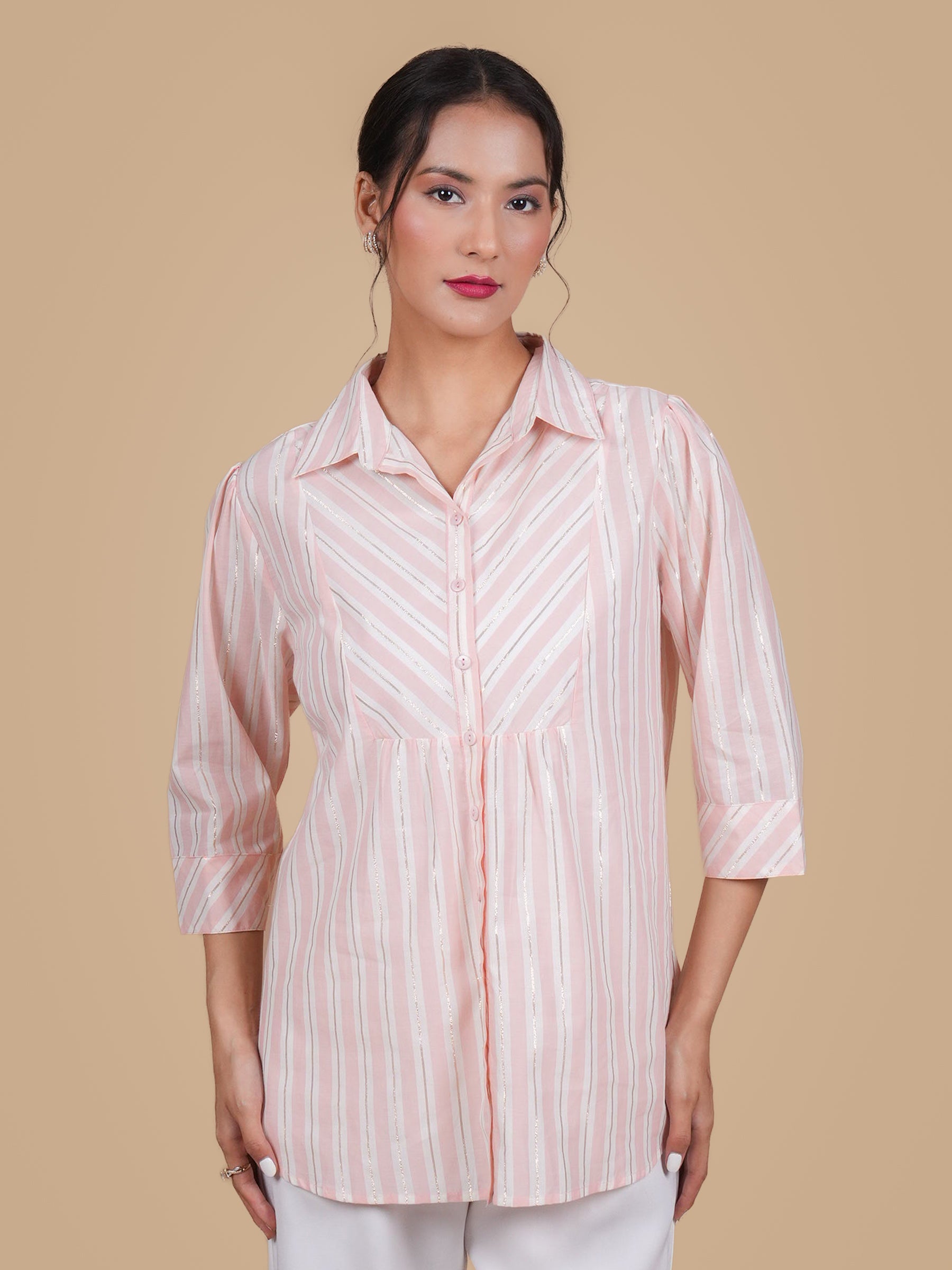 FRONT YOKE PINK STRIPE COTTON SHIRT
