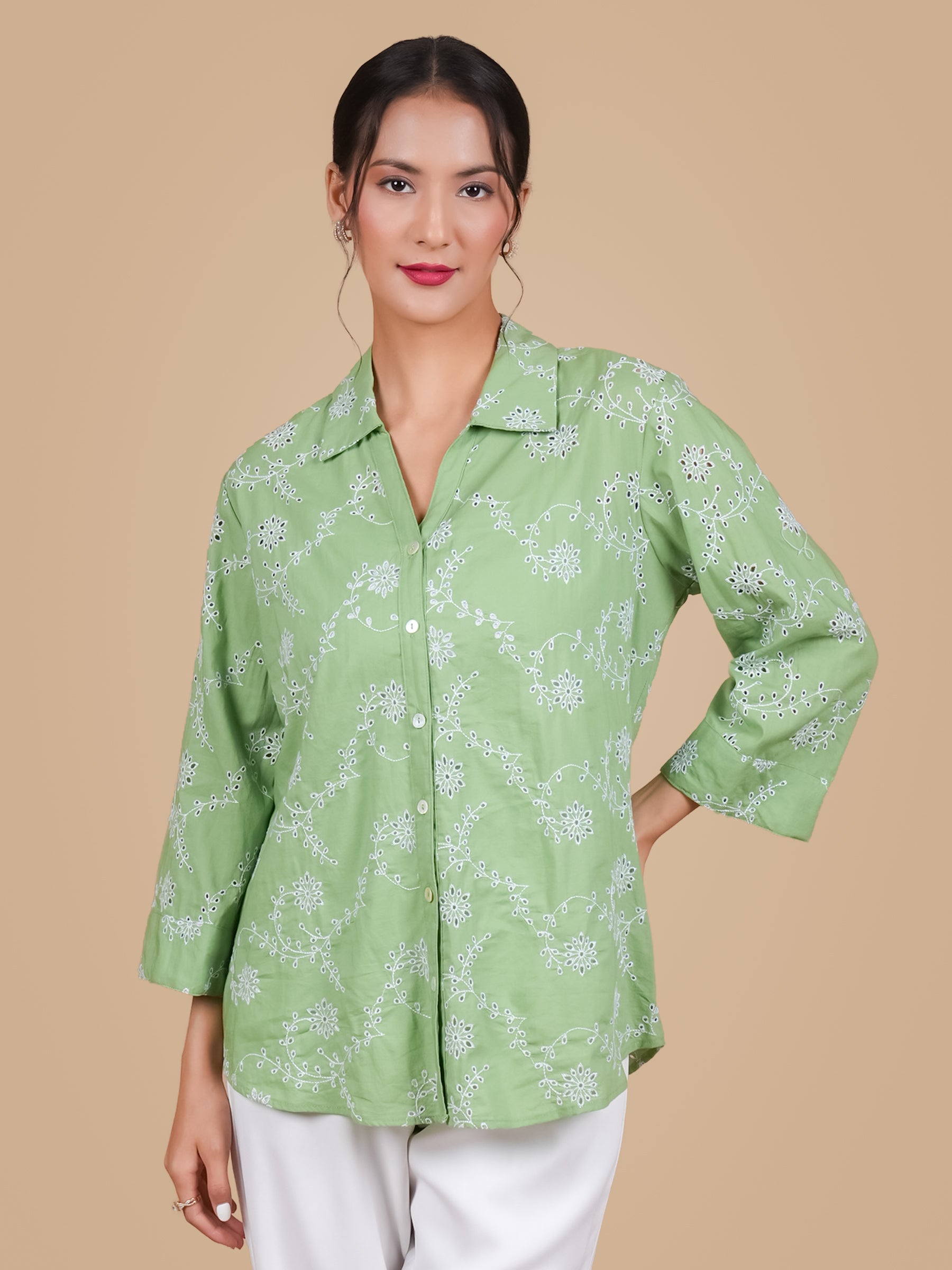 GREEN SCHIFFLI SHIRT