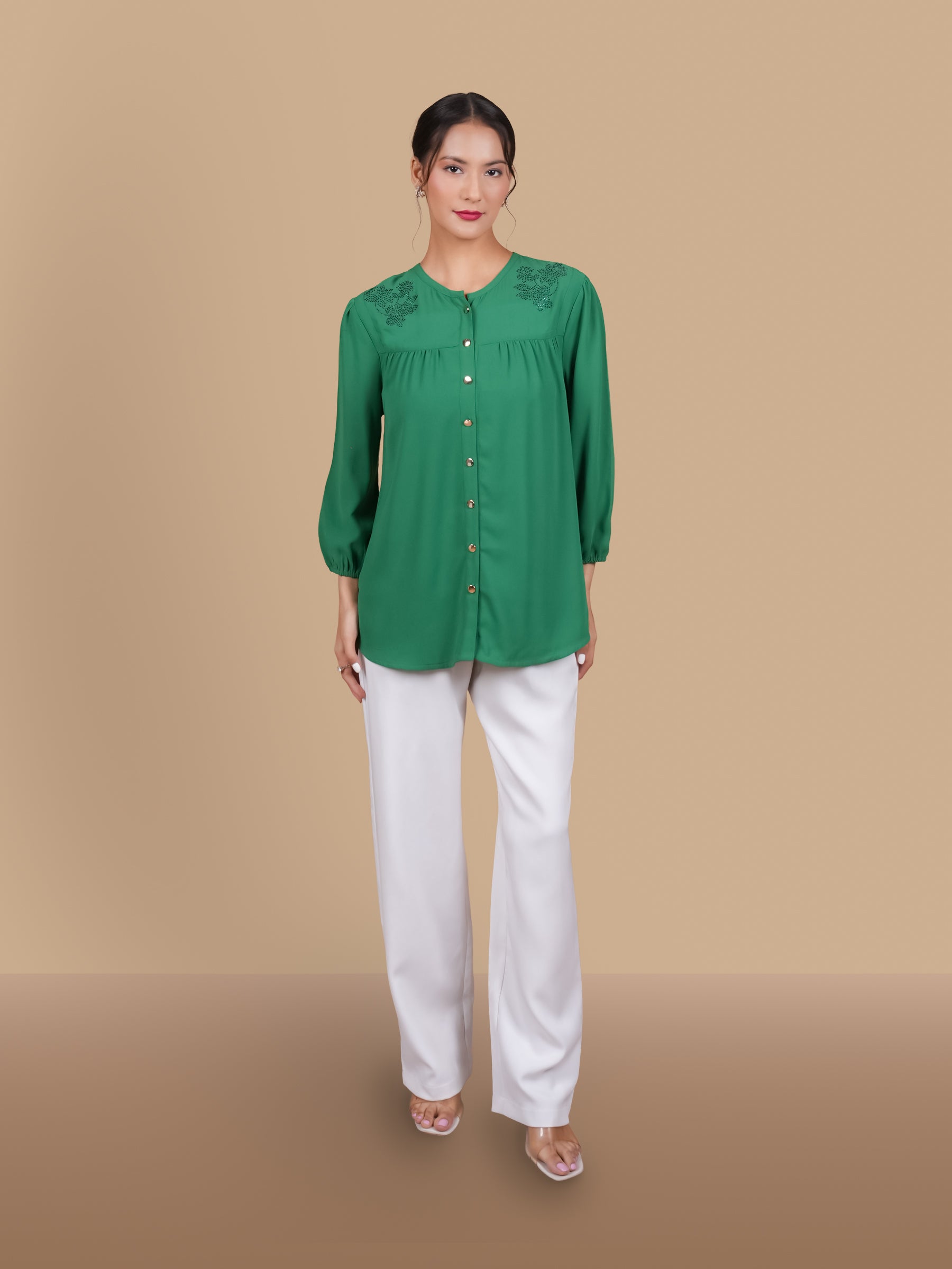 SWAROVSKI ROUND  NECK GREEN TOP