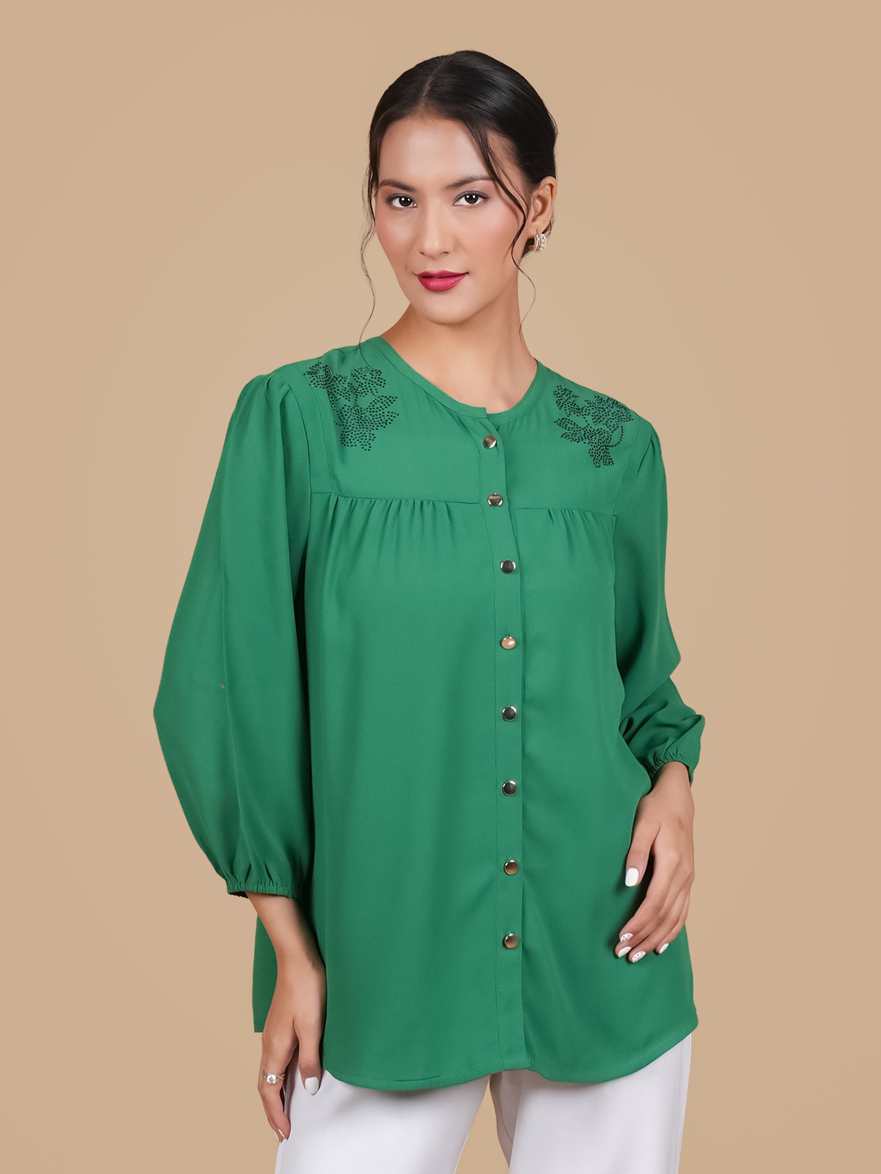 SWAROVSKI ROUND  NECK GREEN TOP