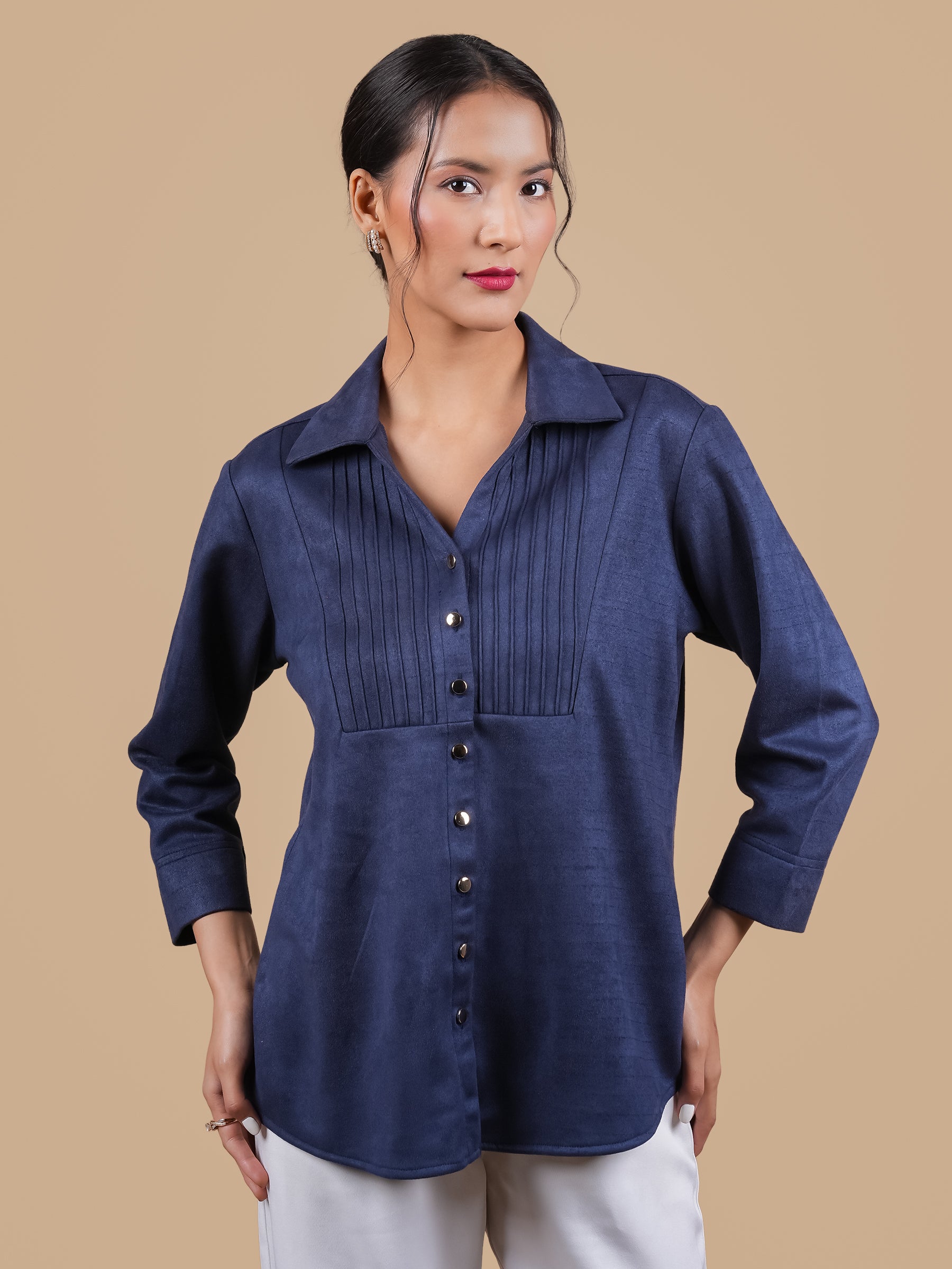 SUEDE PINTUCK NAVY SHIRT