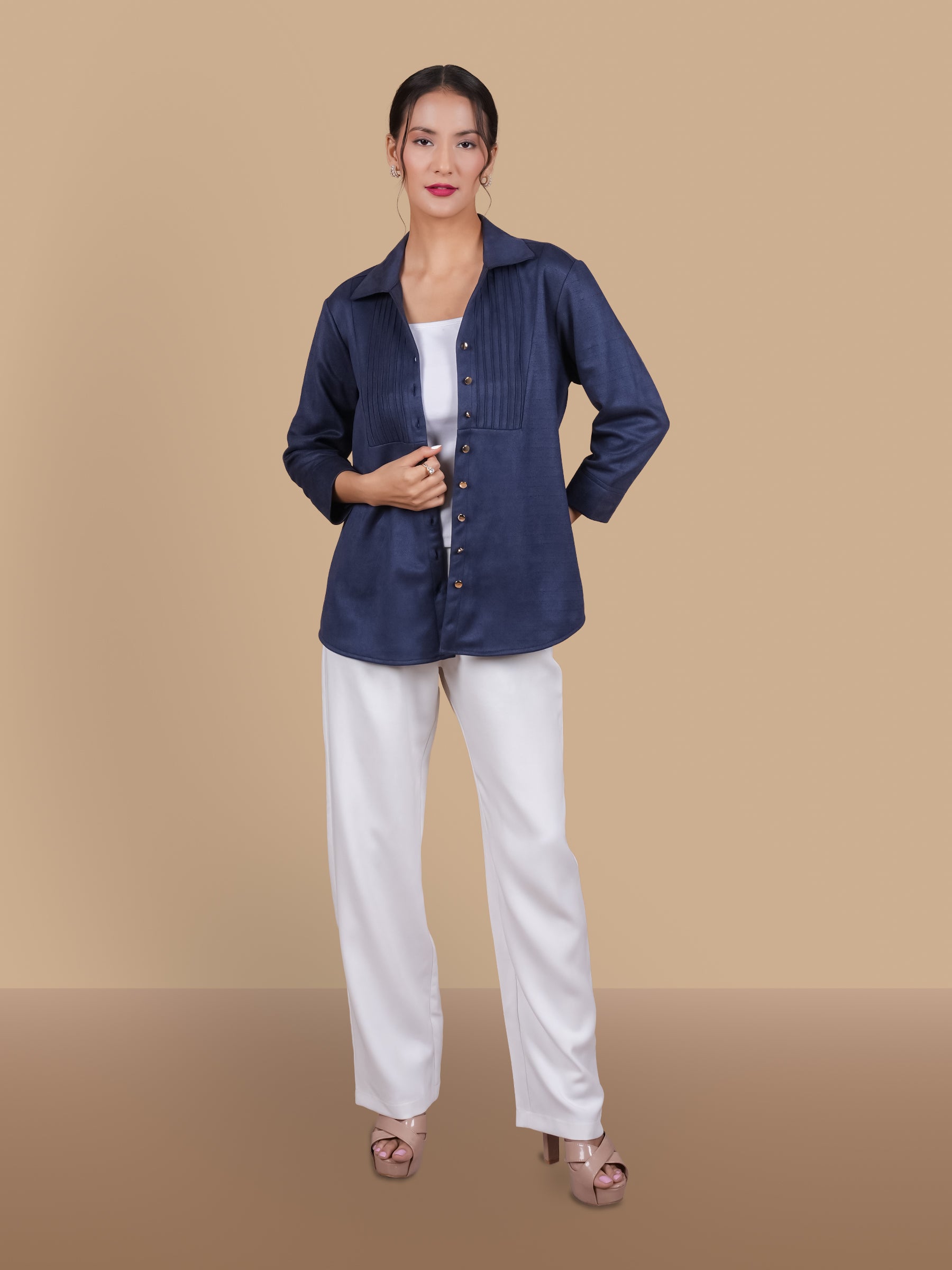 SUEDE PINTUCK NAVY SHIRT