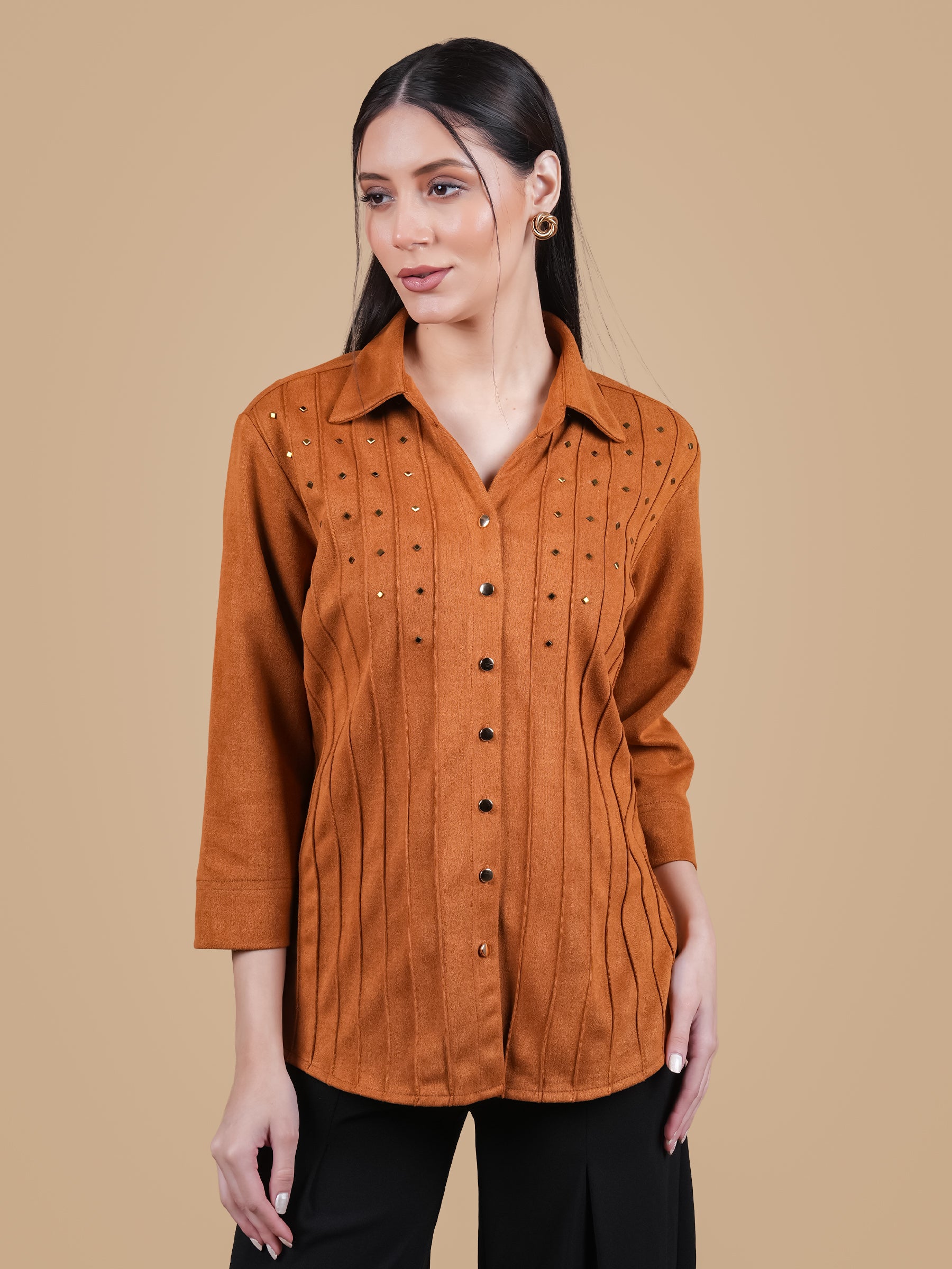 SWAROVSKI PINTUCK MUSTARD SUEDE SHIRT