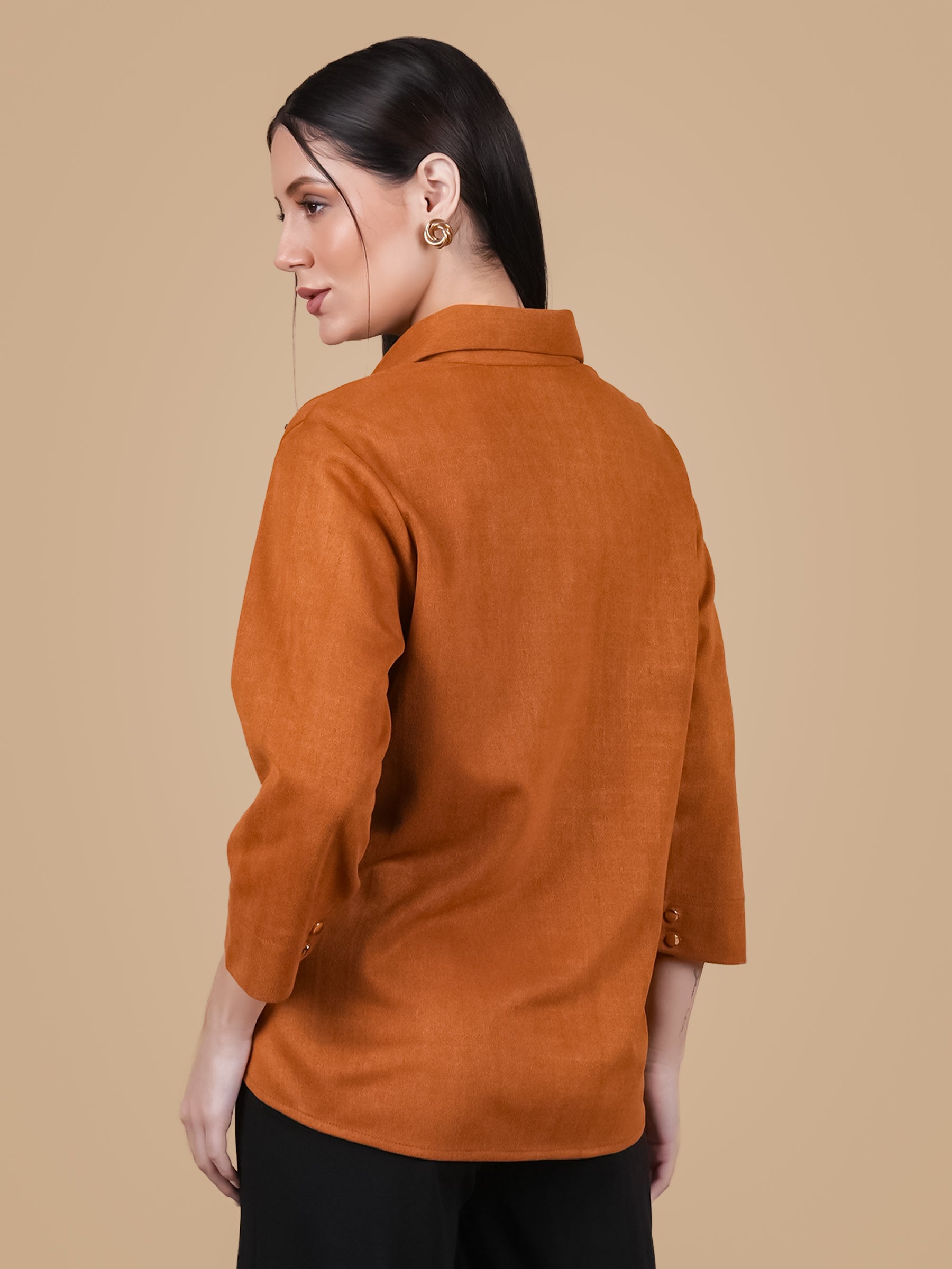 SWAROVSKI PINTUCK MUSTARD SUEDE SHIRT