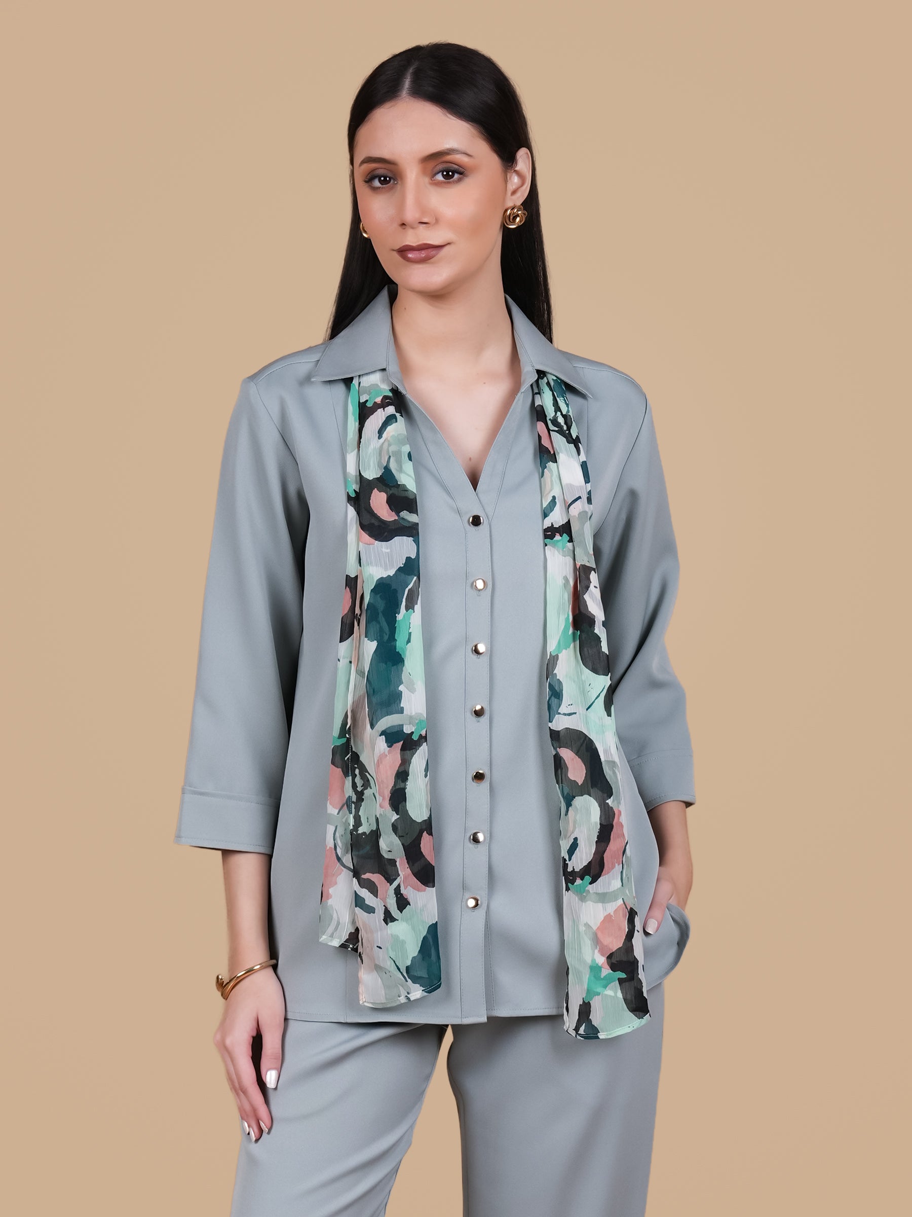 POWDER BLUE COORD SET WITH  SCARF