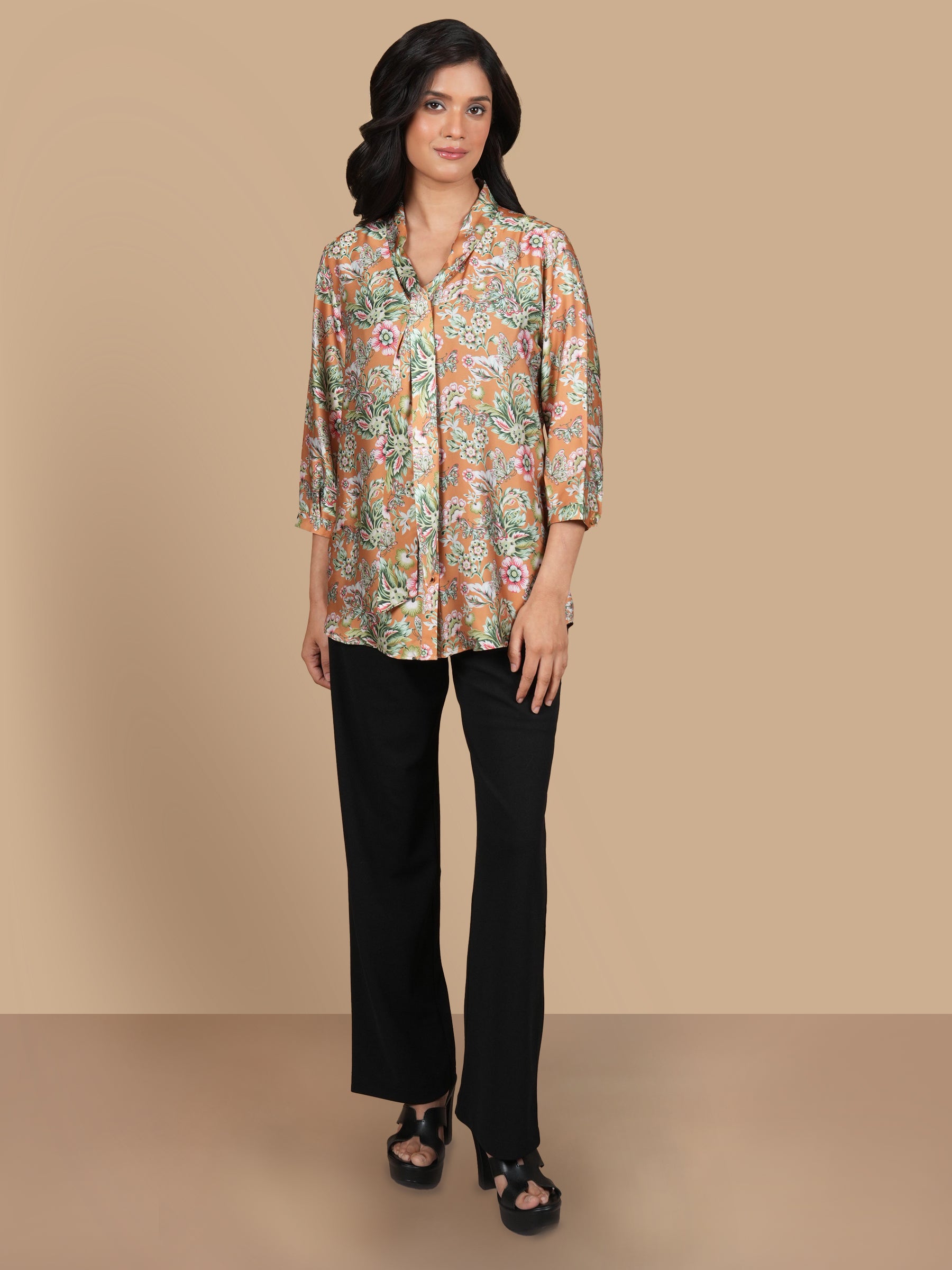 FRONT TIE PRINTED  SATIN TAN SHIRT