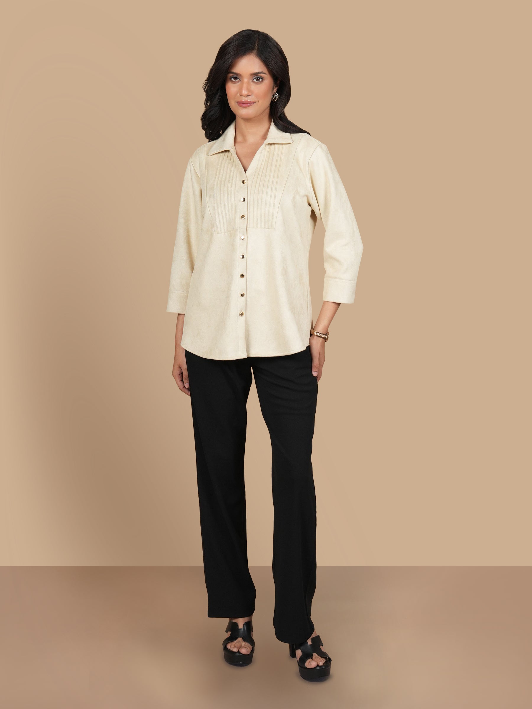 SUEDE PINTUCK BEIGE SHIRT
