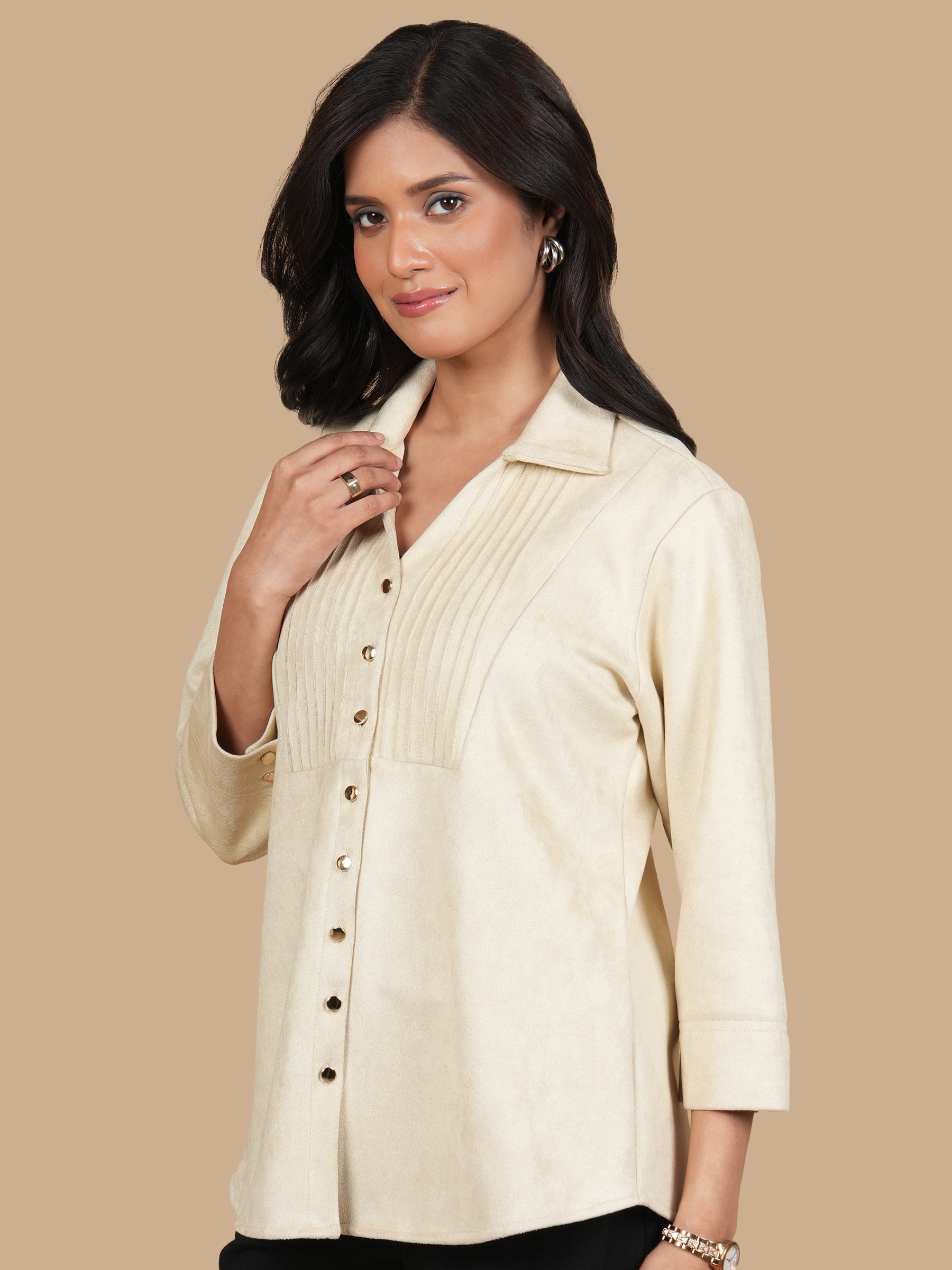 SUEDE PINTUCK BEIGE SHIRT