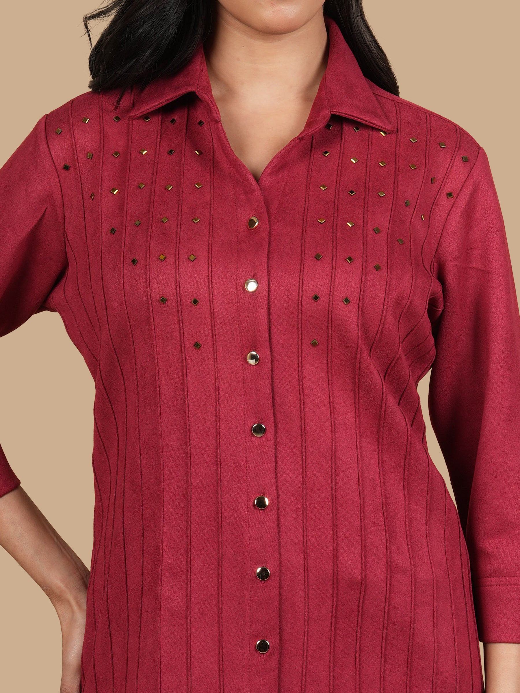 SWAROVSKI PINTUCK RED SUEDE SHIRT