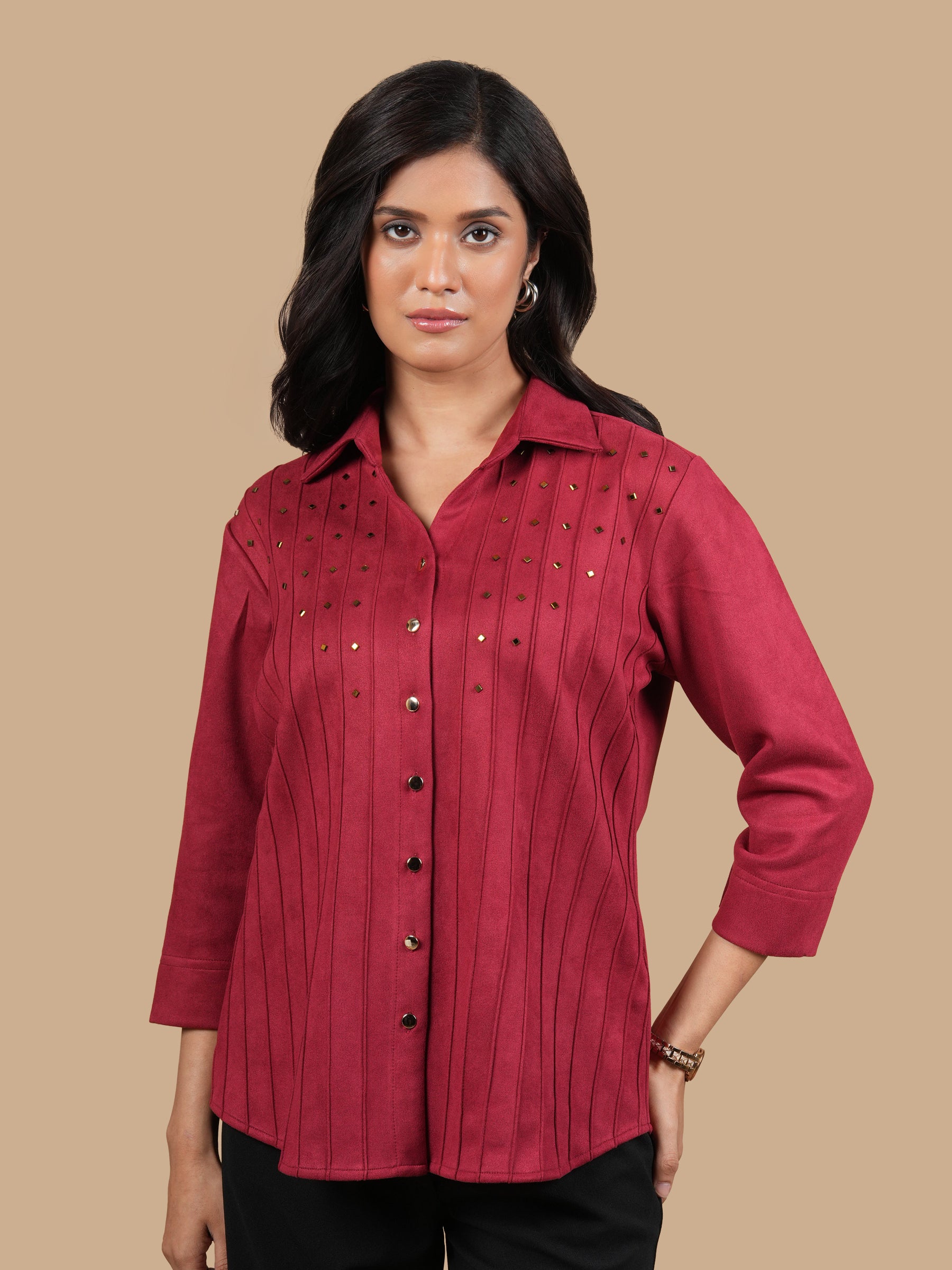 SWAROVSKI PINTUCK RED SUEDE SHIRT