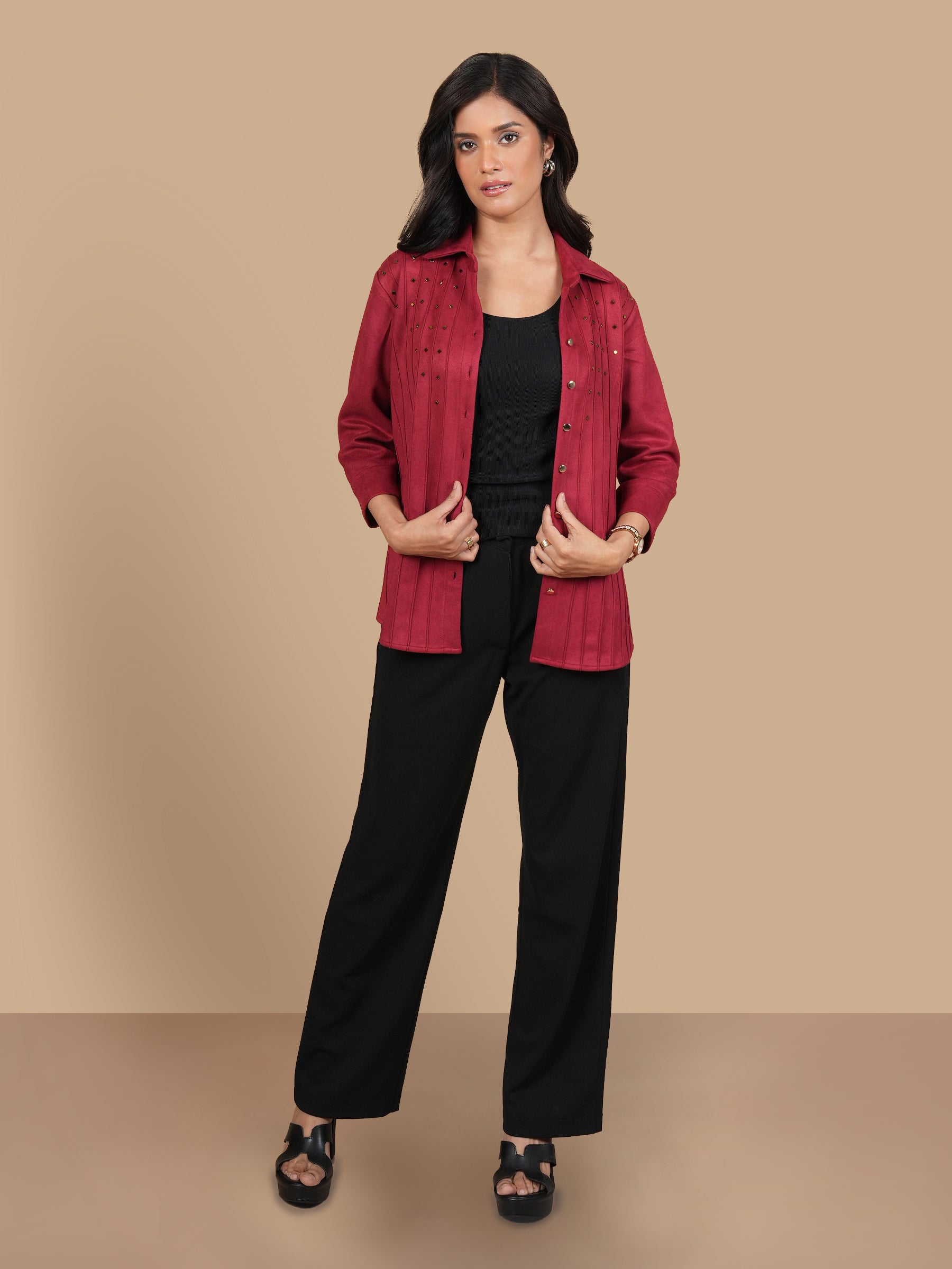 SWAROVSKI PINTUCK RED SUEDE SHIRT