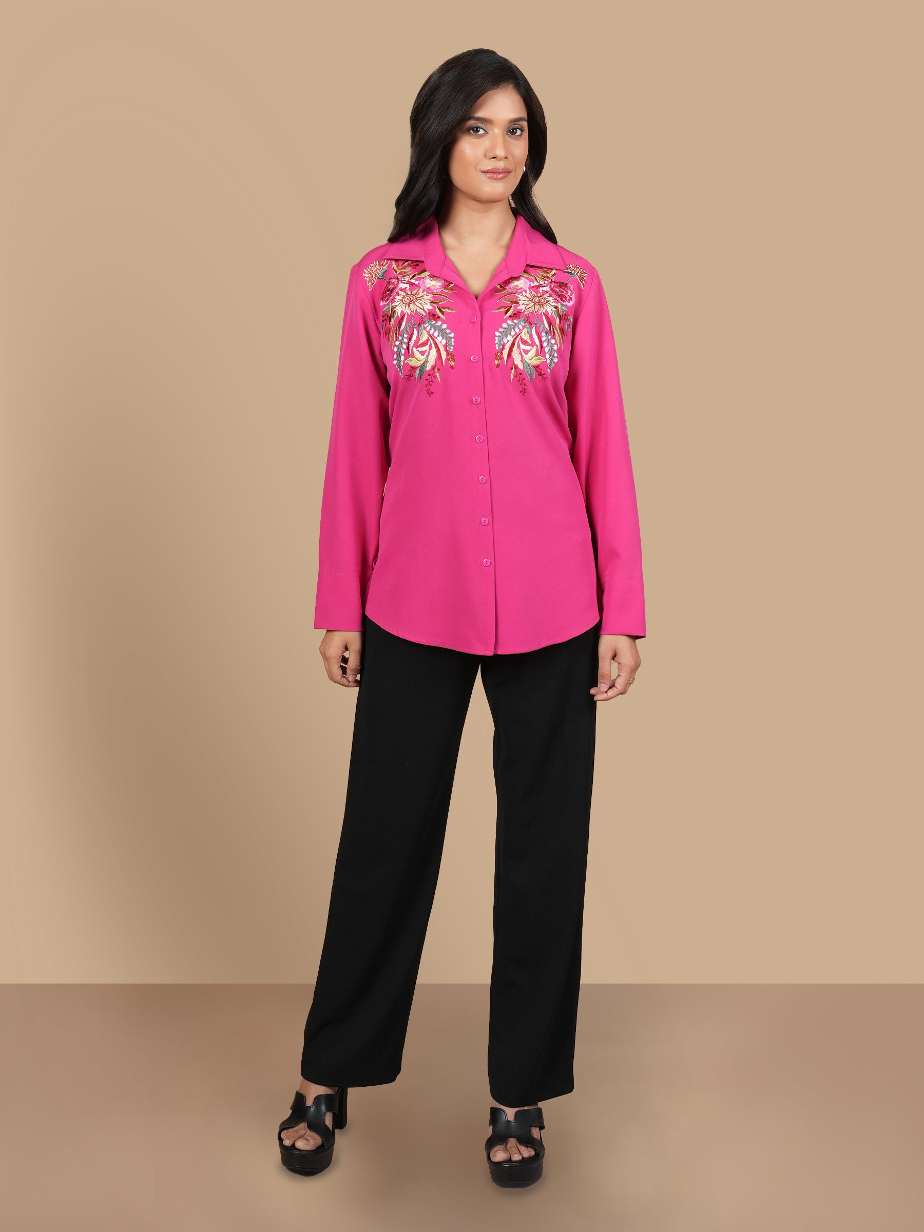 FLORAL EMBROIDERY MAGENTA SHIRT